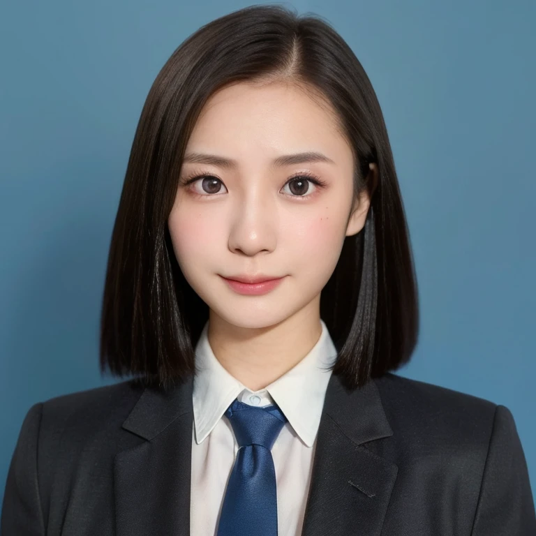 (kawaii 24 year-old Japanese girl, Nogizaka idol, Korean idol), (glossy hair, very short hair, forehead:1.3), (beautiful black eyes, rounded face, single eyelid, no makeup, soft smiling:1.2), (wearing suit jacket, collared shirt, necktie:1.3), (extra small breasts:0.9), (looking at camera:1.3), BREAK, (simple blue background, studio lighting:1.3), (view from forward, bust shot:1.3), BREAK, (masterpiece, best quality, photo realistic, official art:1.4), (UHD, 8K quality wallpaper, high resolution, raw photo, golden ratio:1.3), (shiny skin), professional lighting, physically based rendering, award winning, (highly detailed skin, extremely detailed face and eyes), Carl Zeiss 85 mm F/1.4, depth of field, 1girl, solo,