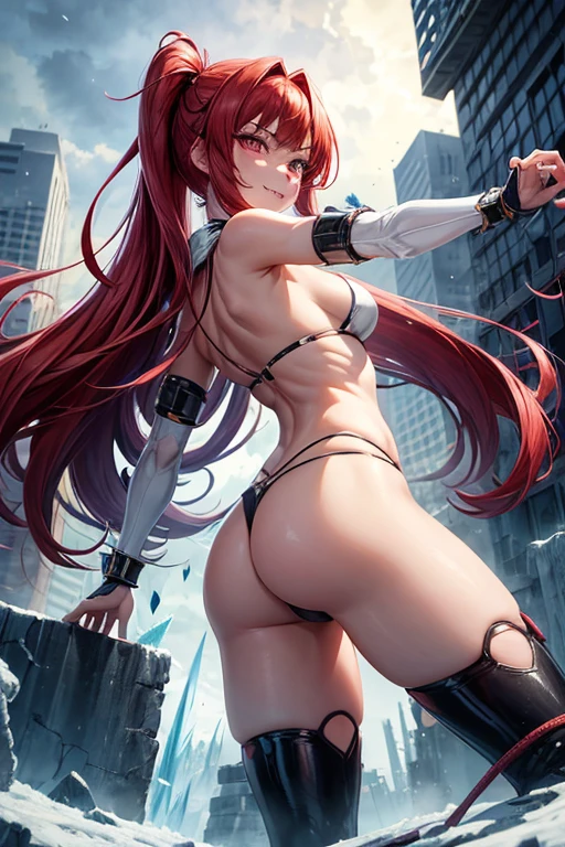 Draw Jessie, an anime-style female character. straight red hair, thin red eyebrows, burning eyes, with a mouth open in a sarcastic smile. small and firm breasts, thin waist, big ass, athletic body. Sexy naughty ice angel armor. open arms with ice crystals in sexy battle position. injuries all over her body. It is on top of the rubble of war-torn buildings. night sky with strong lightning. seen from the bottom up showing her entire pussy. big with an incredible thong within the limits of censorship. sexy angel shape surrounded by many crystals. ice emphasizing ice magic. Draw ice armor parts on the chest and waist keeping the sexy shape. big, swollen pussy. Jessie is surrounded by ice crystals.