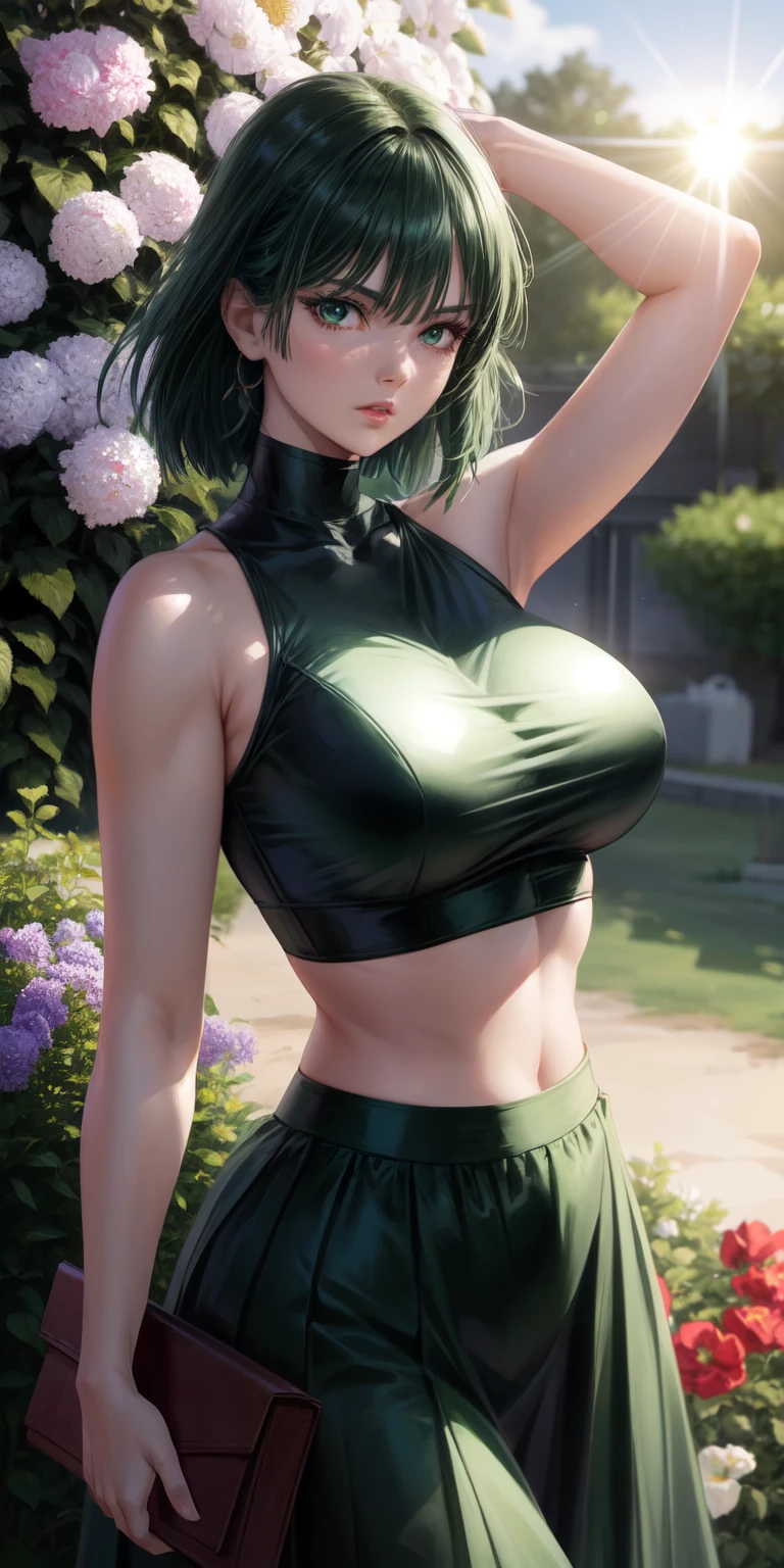 realistic, 1girl, Fubuki, green hair, green eyes, big round breasts, pure white skin, shining eyes, dark green crop top, dark green skirt, parted lips, rouge, night, flowers, sun, sunshine