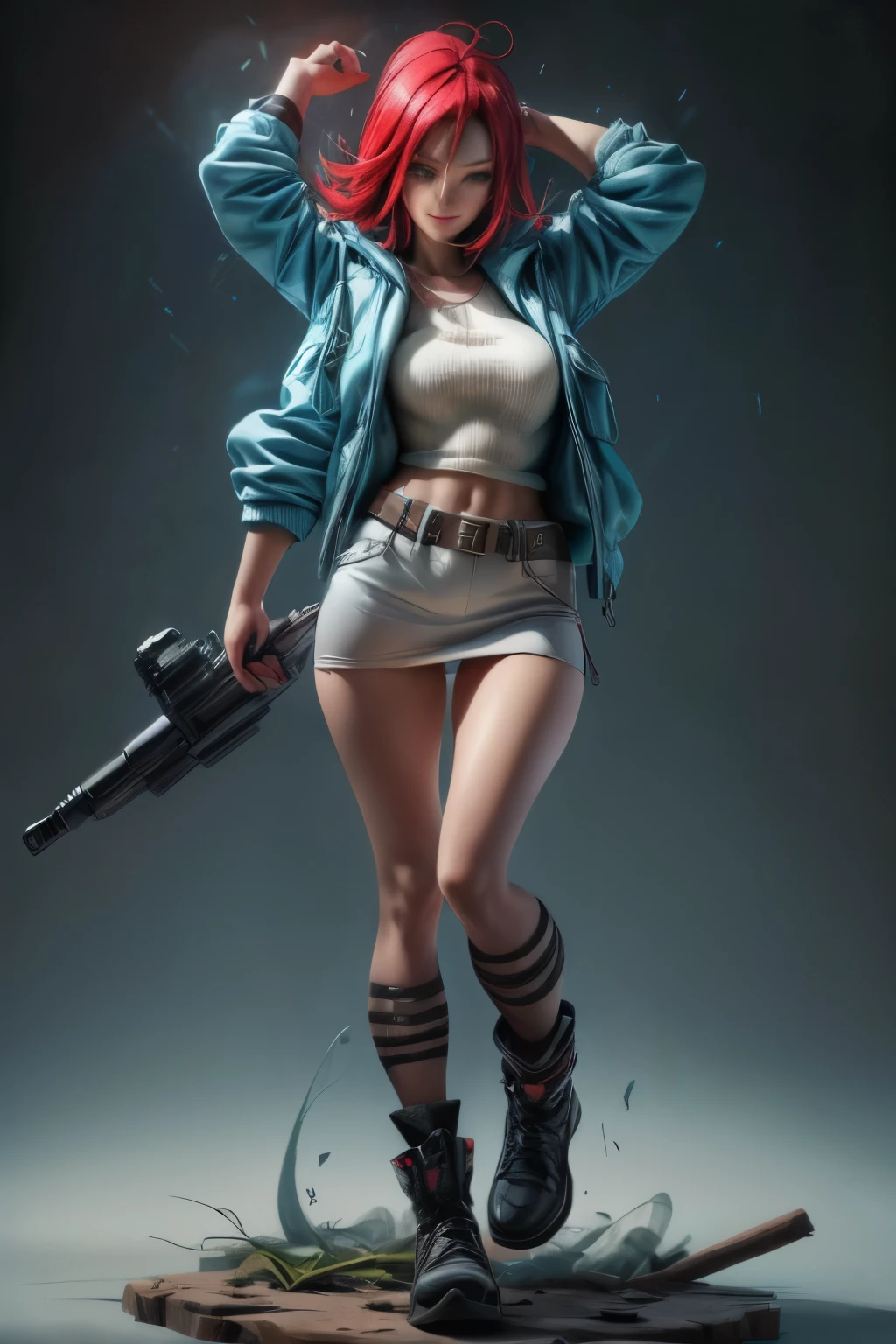 "QONITA"((long shot:1.6)), Unreal Engine:1.4, Ultra Realistic CG K, Photorealistic:1.4, Skin Texture:1.4, ((artwork 1 young woman full body:1.5)), ((red hair green eyes, full lips and a sensual smile:1.5)), punk-style hairstyle with a shaved side, tattoos, Gatling gun, box, looking at the viewer, dynamic pose, blows, ammunition belt, gloves, large breasts, Shootout, Extremely detailed:1.4, more detailed, optical mix, playful patterns, animated texture, unique visual effect, pink leather miniskirt, pink jacket, masterpiece, background an abandoned place with scrap metal, ((colors, cyan, green, pink, brown : 1.2)), ((8k realistic digital art.)), 32k