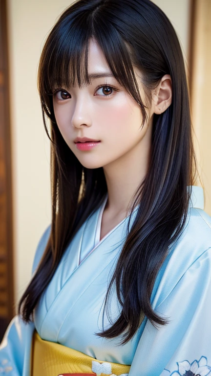 (highest quality、8k、32k、masterpiece)、(Realistic)、(Photorealistic:1.2)、(High resolution)、、Very beautiful face and eyes、1 girl 、Round and small face、Narrow waist、Delicate body、(highest quality high detail Rich skin details)、(highest quality、8k、Oil paint:1.2)、Very detailed、(Realistic、Realistic:1.37)、Bright colors、(((Black Hair)))、(((Long Hair)))、(((Medium Shot)))、Blunt bangs、(alone:1.3 Straight Black Hair Long Hair Femdom Cute Girl),、((Very beautiful woman, Fuller lips, Japanese pattern kimono))、(((looking straight ahead)))、(((Cowboy photos)))
