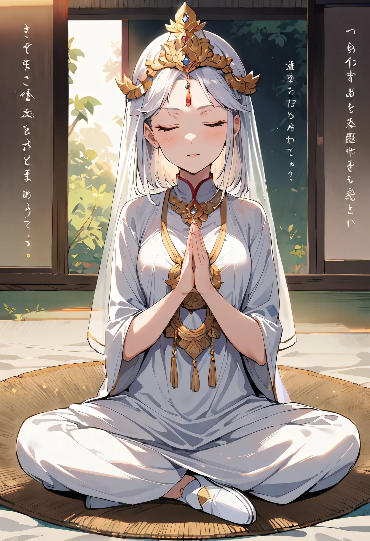 (1 Female Bodhisattva:1.4) sitting on Round straw mat, (indian style:1.3), sit on straw mat, (Round straw mat:1.3), (meditation pose:1.3), (Raise your hand, hands crossed, prayer pose:1.3), Dignified and beautiful, wear (white silk Buddha clothes:1.3), (white silk:1.3),have (white hair:1.2), (OK:1.2), French braid,white transparent veil, futon, eyes closed, jewelry, necklace, (Buddhist beads:1.2), (White cloth shoes), white socks, (comics:1.2), (goddess:1.2)(((veil)))