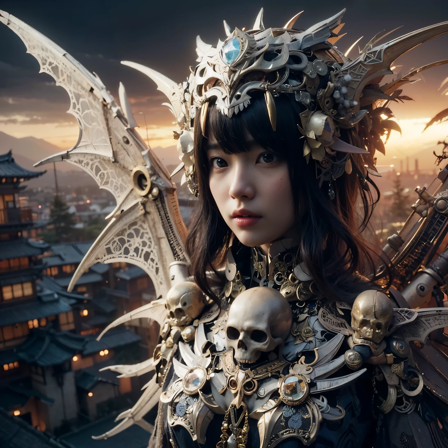 (masterpiece、highest quality、Realistic photos)、A very cute Japanese woman、(Brown skin:1.4)、A complex copper and brass mechanical armor with a skull motif.、Bat Wings、White tone、Blue accents、foot、Extremely intricate details、Posing on the medieval castle walls at sunset、Full Body Shot、Minimum 4 or more generated