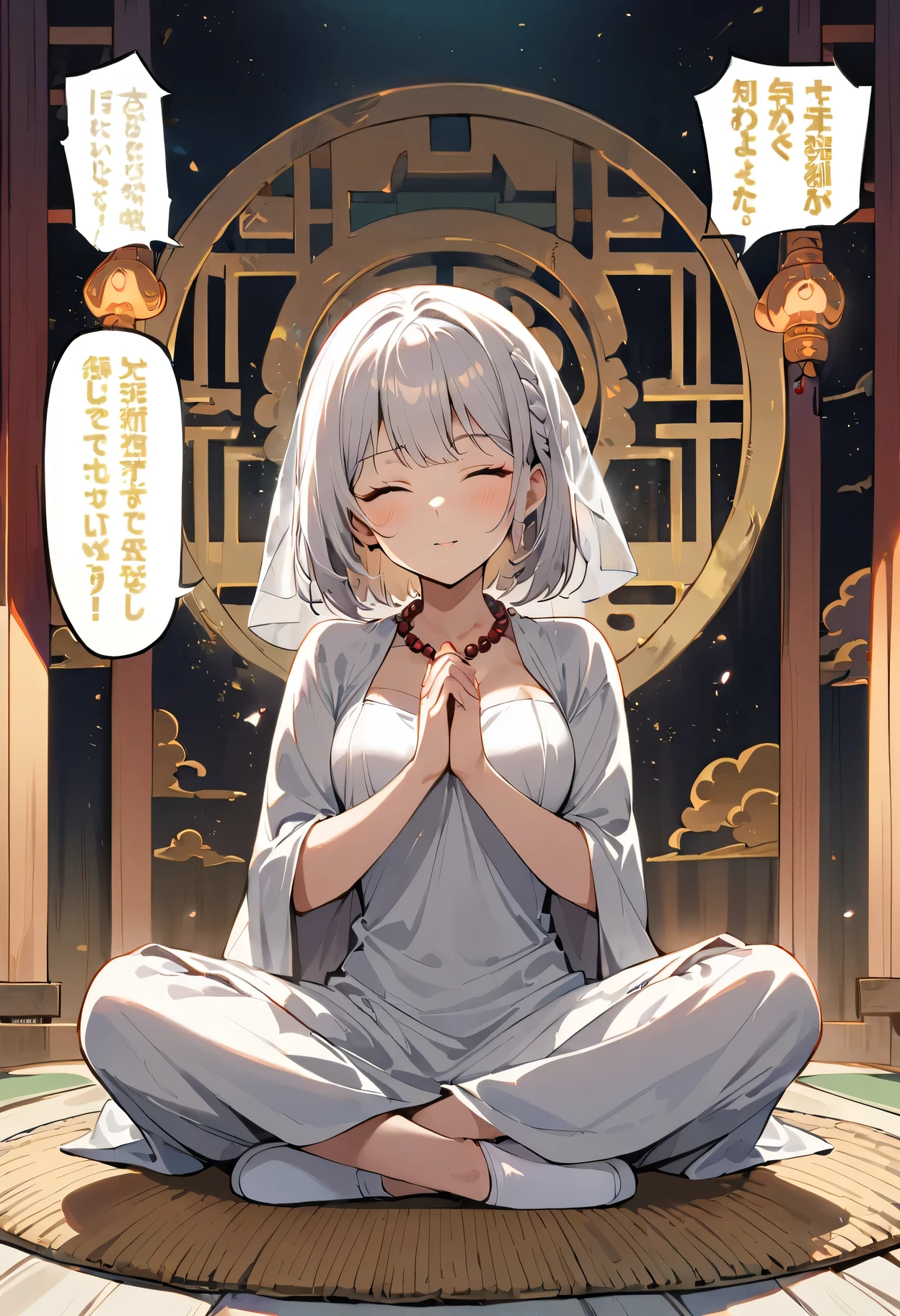 (1 Female Bodhisattva:1.4) sitting on Round straw mat, (indian style:1.3), sit on straw mat, (Round straw mat:1.3), (meditation pose:1.3), (Raise your hand, hands crossed, prayer pose:1.3), Dignified and beautiful, wear (white silk Buddha clothes:1.3), (white silk:1.3),have (white hair:1.2), (OK:1.2), French braid,white transparent veil, futon, eyes closed, jewelry, necklace, (Buddhist beads:1.2), (White cloth shoes), white socks, (comics:1.2), (goddess:1.2)(((veil)))