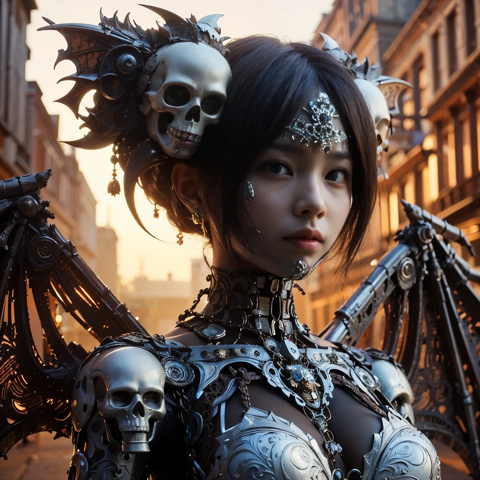(masterpiece、highest quality、Realistic photos)、A very cute Japanese woman、(Brown skin:1.4)、A complex copper and brass mechanical armor with a skull motif.、Bat Wings、White tone、Blue accents、foot、Extremely intricate details、Posing on the medieval castle walls at sunset、Full Body Shot、Minimum 4 or more generated