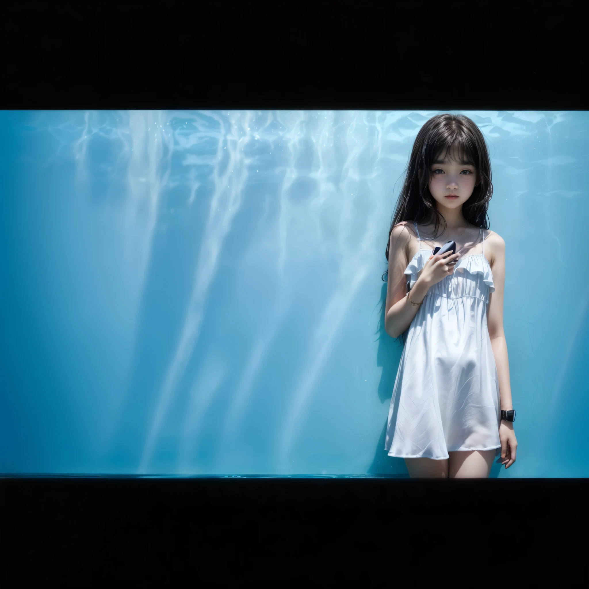 With a cell phone、There is a young girl standing against a wall that reflects beautiful ripples from the pool., 4K], 4k, White Summer Dress、 female、Black Hair、Apple watch, realism