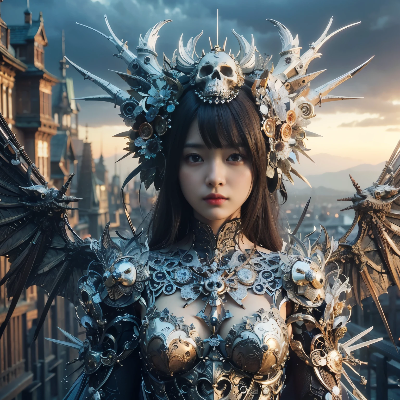 (masterpiece、highest quality、Realistic photos)、A very cute Japanese woman、(Brown skin:1.4)、A complex copper and brass mechanical armor with a skull motif.、Bat Wings、White tone、Blue accents、foot、Extremely intricate details、Posing on the medieval castle walls at sunset、Full Body Shot、Minimum 4 or more generated