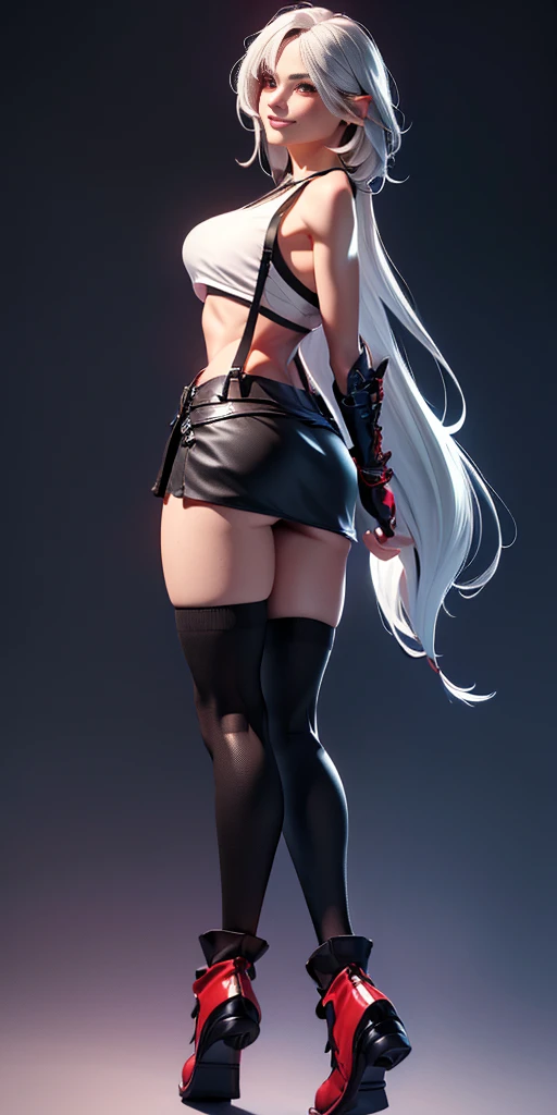 (Masterpiece, plain background:1.2) Blackest blacked dark skin elf 1sologirl (8k, best quality, masterpiece:1.2) (realistic, photo-realistic:1.37) (full body) 1female solo girl, standing straight  symmetrical contrapposto 2legs apart (wide stance) ultra detailed, cute (beautiful detailed eyes) (smile:1.2) (closed mouth) (red cheeks) sharp focus, depth of field, good composition, very long straight WHITE SILVER hair, hair bang ((red eyes)), intricate, bokeh (Tetsuya Nomura style) perfect knockers, white tank top, black thong, suspenders, red gloves gauntlets, white stockings, toned body, athletic, wide hips, thin waist, toned arms, exposed abdomen, abs toned, navel, big belly button belt, view from behind