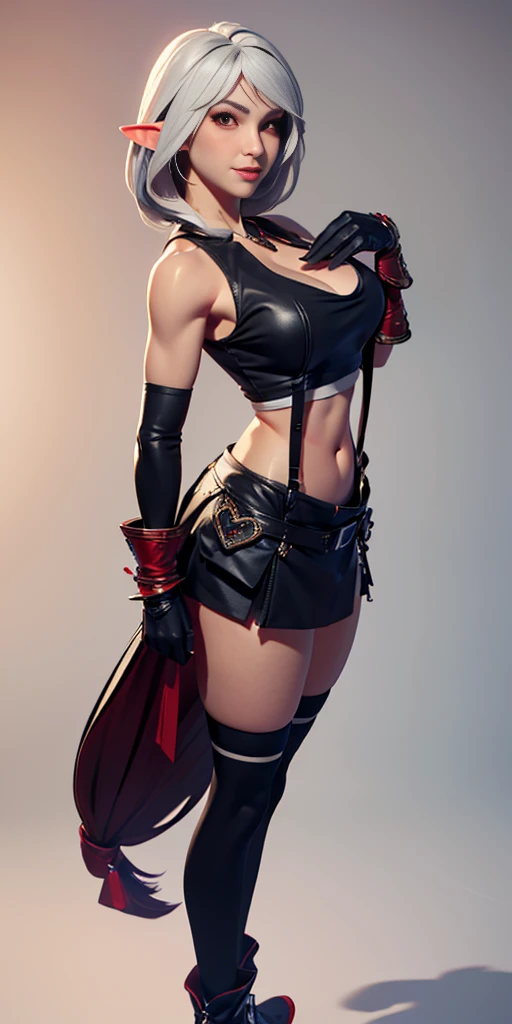 (Masterpiece, plain background:1.2) Blackest blacked dark skin elf 1sologirl (8k, best quality, masterpiece:1.2) (realistic, photo-realistic:1.37) (full body) 1female solo girl, standing straight  symmetrical contrapposto 2legs apart (wide stance) ultra detailed, cute (beautiful detailed eyes) (smile:1.2) (closed mouth) (red cheeks) sharp focus, depth of field, good composition, very long straight WHITE SILVER hair, hair bang ((red eyes)), intricate, bokeh (Tetsuya Nomura style) perfect knockers, white tank top, black thong, suspenders, red gloves gauntlets, white stockings, toned body, athletic, wide hips, thin waist, toned arms, exposed abdomen, abs toned, navel, big belly button belt, view from behind