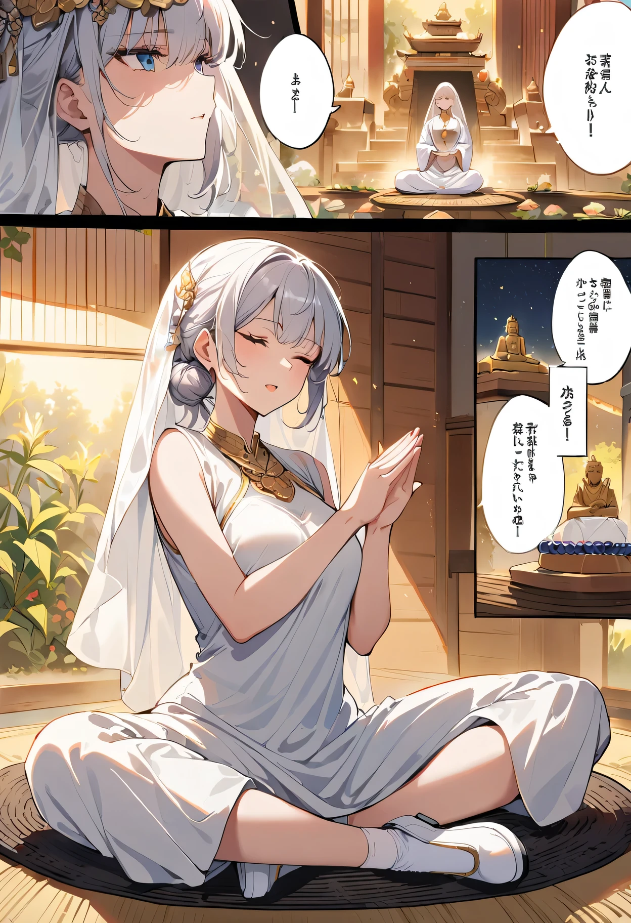 (1 Female Bodhisattva:1.4) sitting on Round straw mat, (indian style:1.3), sit on straw mat, (Round straw mat:1.3), (meditation pose:1.3), (Raise your hand, hands crossed, prayer pose:1.3), Dignified and beautiful, wear (white silk Buddha clothes:1.3), (white silk:1.3),have (white hair:1.2), (OK:1.2), French braid,white transparent veil, futon, eyes closed, jewelry, necklace, (Buddhist beads:1.2), (White cloth shoes), white socks, (comics:1.2), (goddess:1.2)(((veil)))