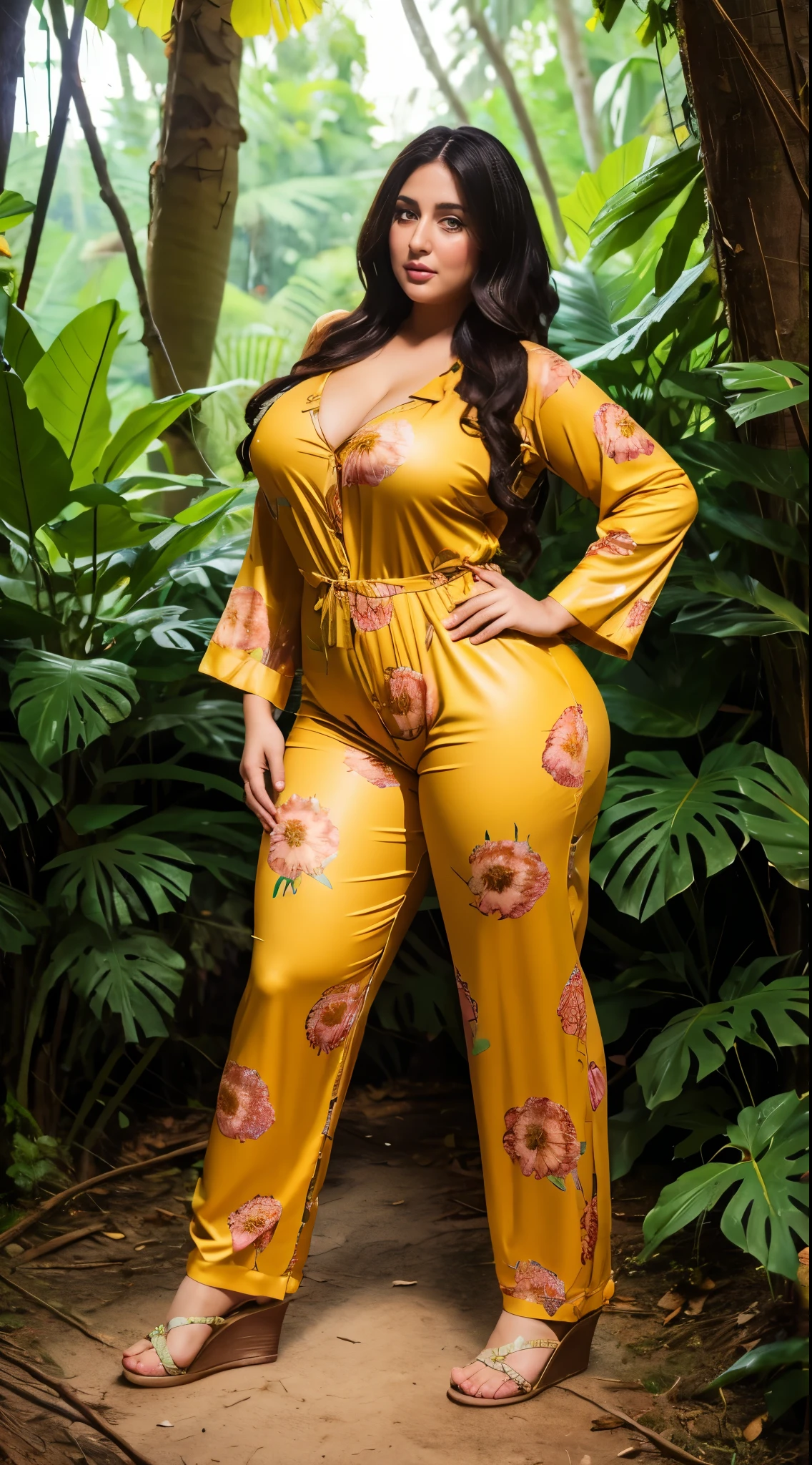 Arabic Woman in jungle, curvy body , wearing flower jumpsuit pajamas, beautiful woman, very detail ,pawg, loong legs ,thick high, full body in camera, pawg, wearing strap wedges