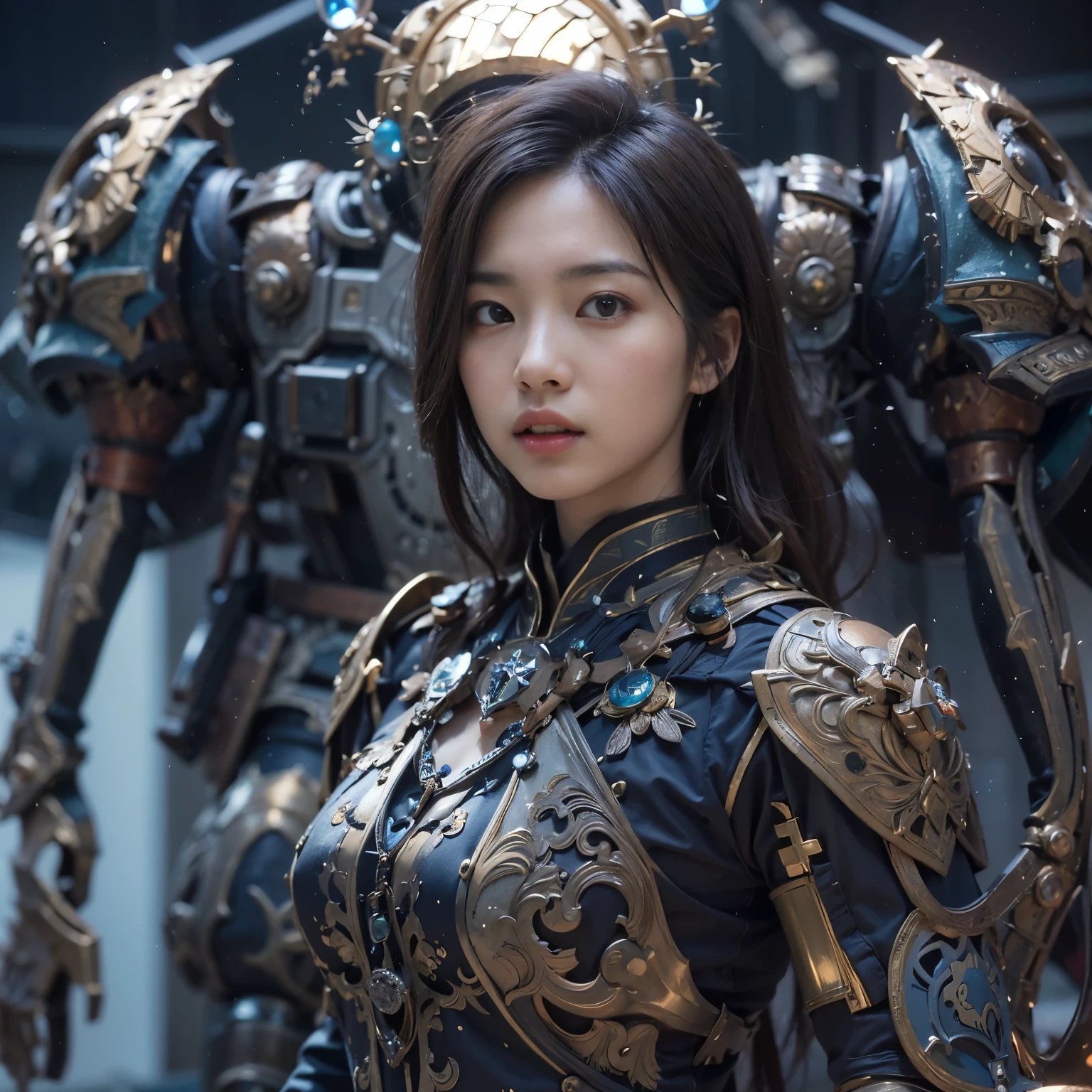 (masterpiece、highest quality、Realistic photos)、A very cute Japanese woman、(Brown skin:1.4)、A complex copper and brass mechanical armor with a skull motif.、Bat Wings、White tone、Blue accents、foot、Extremely intricate details、Posing on the medieval castle walls at sunset、Full Body Shot、Minimum 4 or more generated