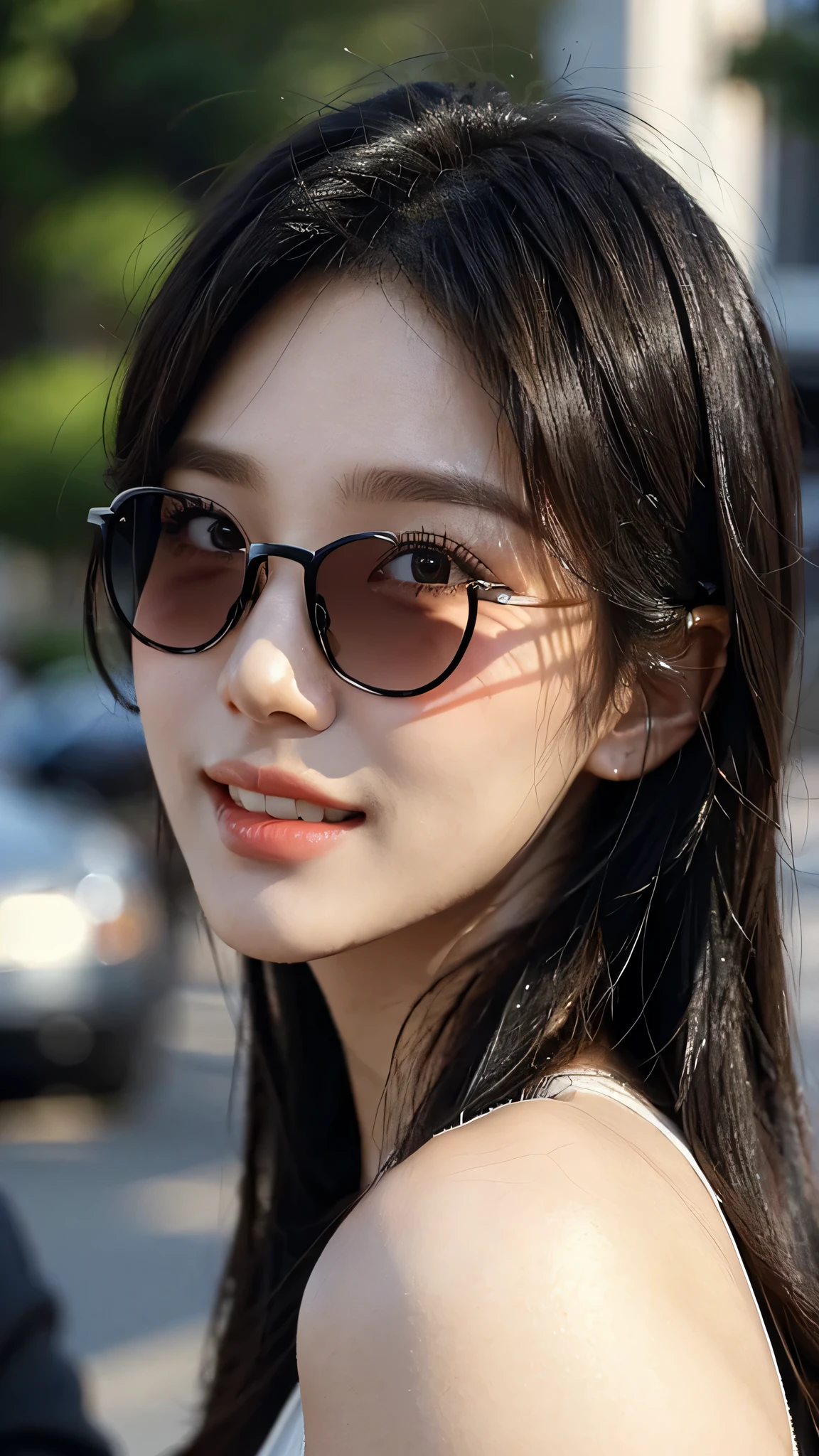 ​masterpiece、top-quality)、1 beutiful girl、(( plain clothes:1.1))、((Wearing black sunglasses )), (Detailed beautiful eyes), ((Detailed skin)) , ((Detailed beautiful hair))、((Smaller face))、((Neutral face))、((Face seen from the side))、((Light brown eyes))、((Korean Girl))、((18year old))、((cool lady))、((A shy smile on his face))、((Korean Makeup))、((elongated and sharp eyes))、((Happy dating))、((Shot from the same height as your face)、), ((CG rendering)), ((Blurred background)), ((deep shadow)),  ((16K)),  ((Very detailed)), ((wallpaper)), ((depth of field)), ((movie light)), (( Ray tracing)).