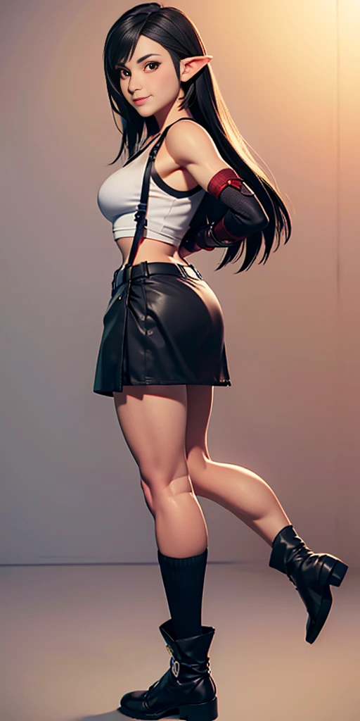 (Masterpiece, plain background:1.2) Blackest blacked dark skin elf 1sologirl (8k, best quality, masterpiece:1.2) (realistic, photo-realistic:1.37) (full body) 1female solo girl, standing straight  symmetrical contrapposto 2legs apart (wide stance) ultra detailed, cute (beautiful detailed eyes) (smile:1.2) (closed mouth) (red cheeks) sharp focus, depth of field, good composition, very long straight WHITE SILVER hair, hair bang ((red eyes)), intricate, bokeh (Tetsuya Nomura style) perfect knockers, white tank top, black thong, suspenders, red gloves gauntlets, white stockings, toned body, athletic, wide hips, thin waist, toned arms, exposed abdomen, abs toned, navel, big belly button belt, view from behind