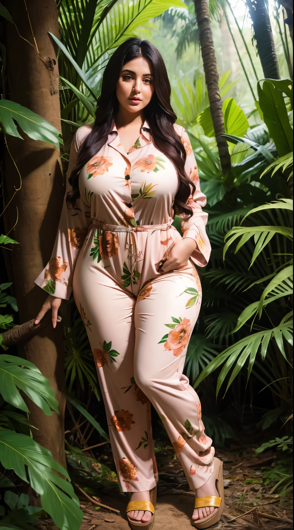 Arabic Woman in jungle, curvy body , wearing flower jumpsuit pajamas, beautiful woman, very detail ,pawg, loong legs ,thick high, full body in camera, pawg, wearing strap wedges