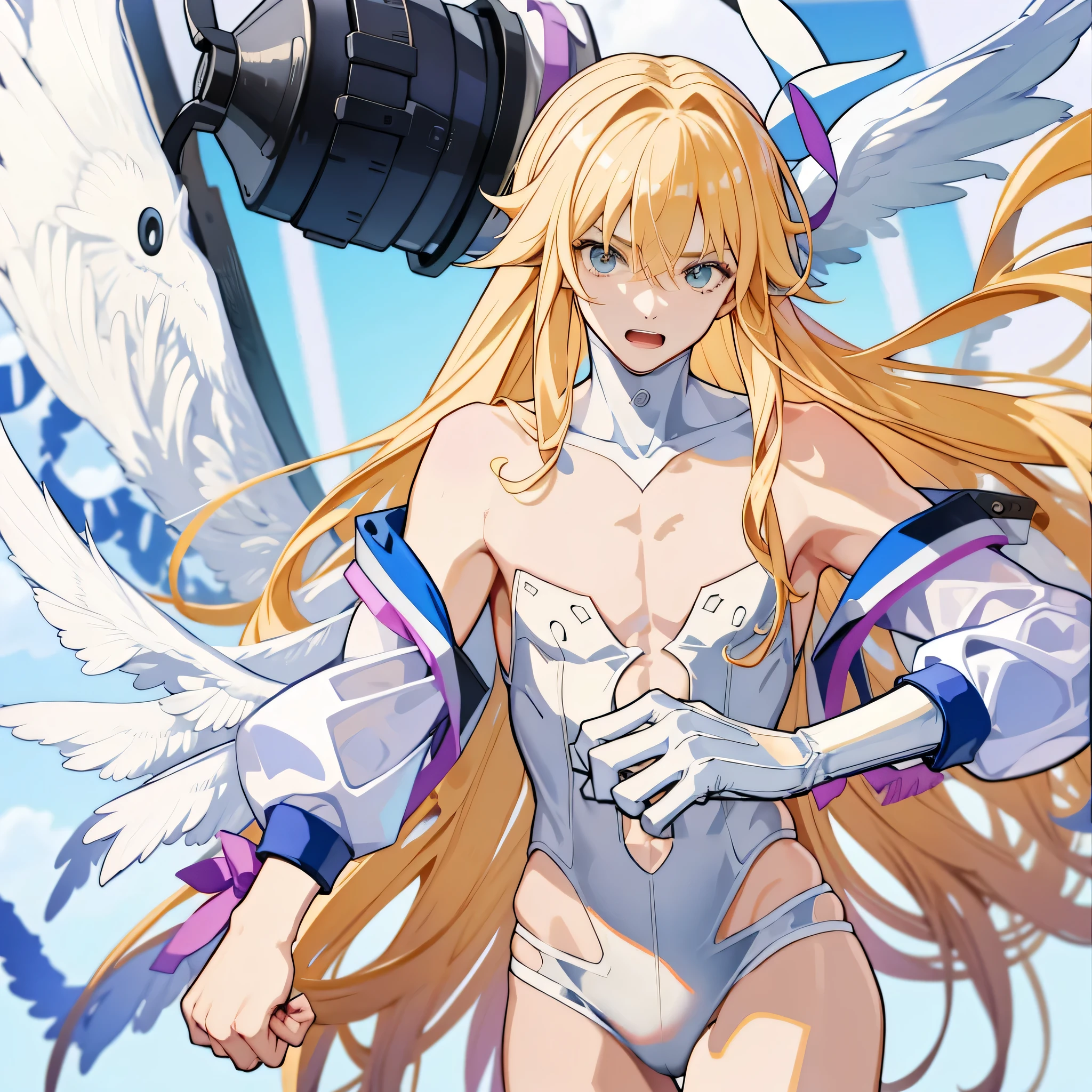 male、solo、Mature beautiful male、masterpiece、Dominant、As an angel、Long Hair、Blonde、White leotard、(man wore female leotard)、(gold strapless bra)、White knee sockan wore knee socks)、Angewomon as a male、Angel Wings、whole body、((Male body:1.3))、