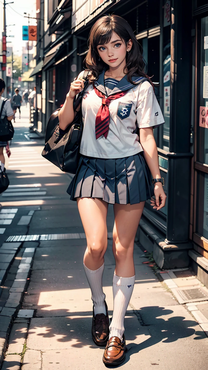 Cute high school girl in Japan、Wear a sailor uniform、A well-defined figure、Wear white socks、Wear loafers、Hold your school bag in front of your body、smile