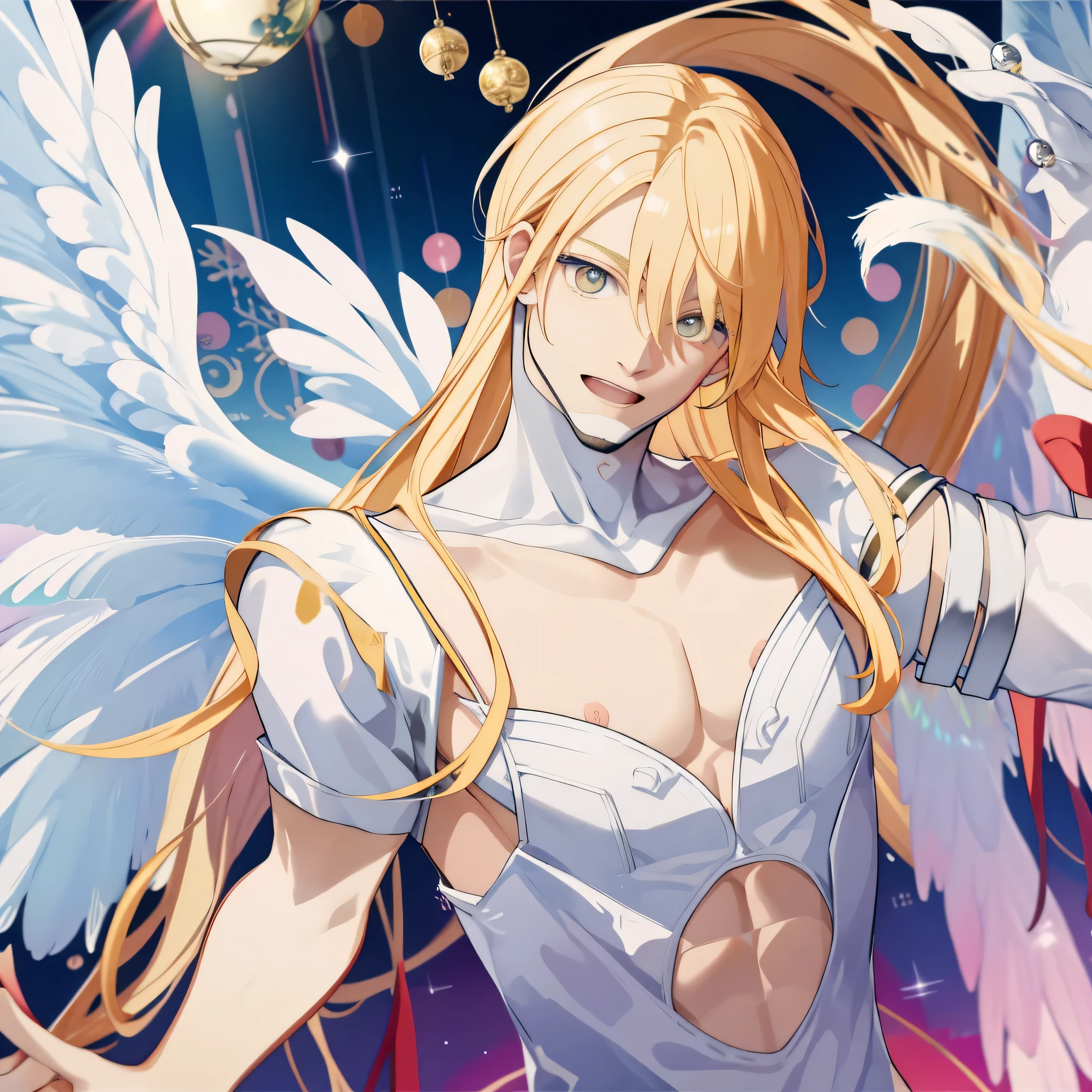 male、solo、Mature beautiful male、masterpiece、Dominant、As an angel、Long Hair、Blonde、White leotard、(man wore female leotard)、(gold strapless bra)、White knee sockan wore knee socks)、Angewomon as a male、Angel Wings、whole body、((Male body:1.3))、