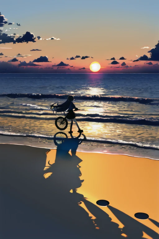 The light of the setting sun reflects fantastically from the seaside and scatters、Flying lights,Silhouette of a girl walking, ((Long Shadows))