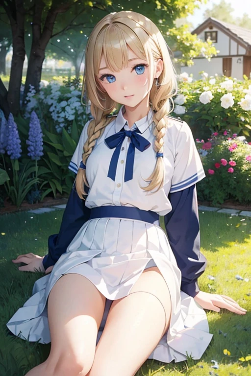 masterpiece, highest quality, High resolution, 14-year-old girl、blue eyes、
blonde,  Braiding、uniform, White shirt, Check skirt, White panties、garden、Lying on the grass