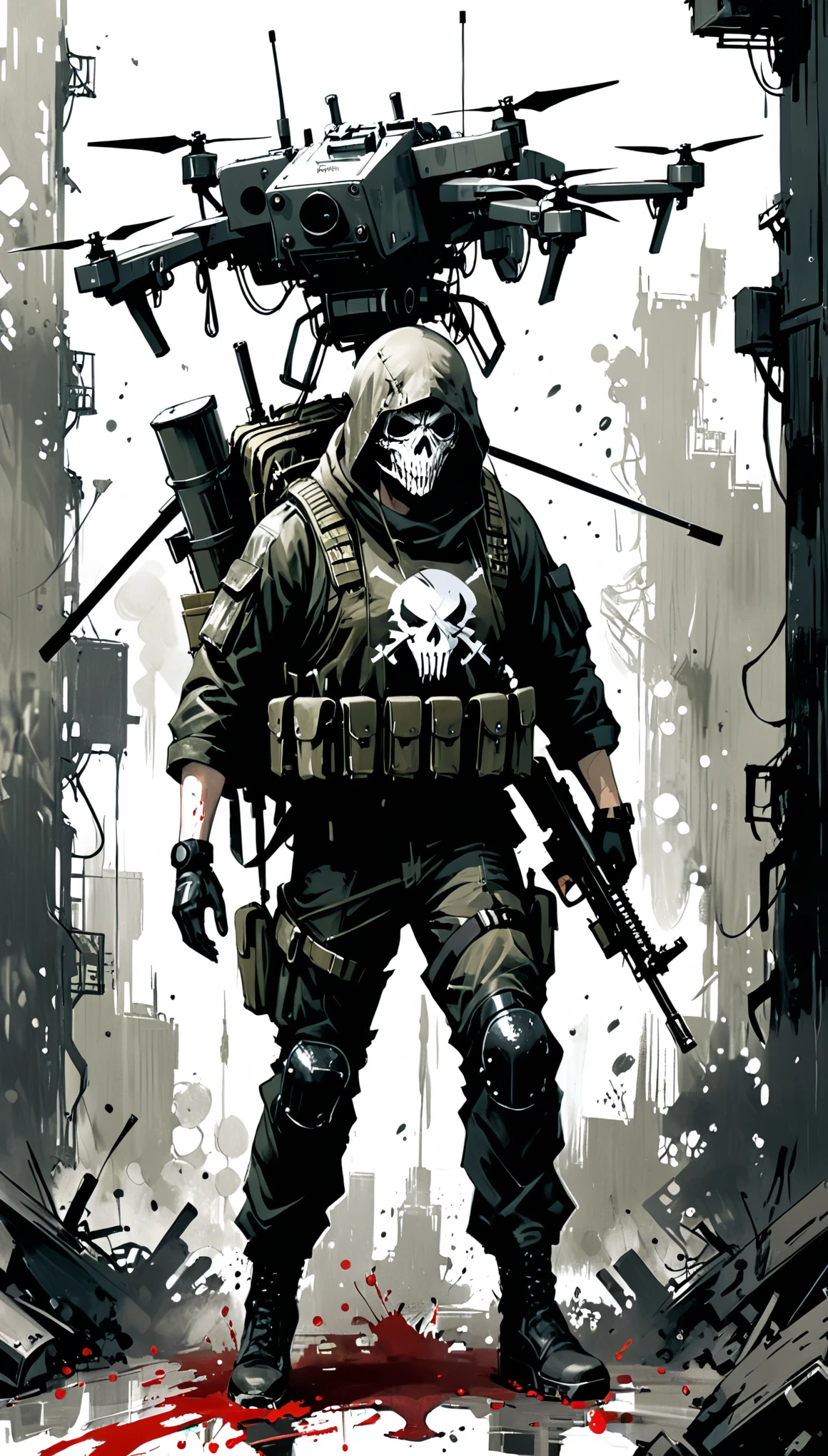 in style of Ashley Wood，1boy,heavy firearms，Modify wearable equipment，Carry，role conception，terror blood,death sign，Very detailed，more details，Smooth and smooth brush strokes，Tactical moves，Dynamic Action，Tactical UAV