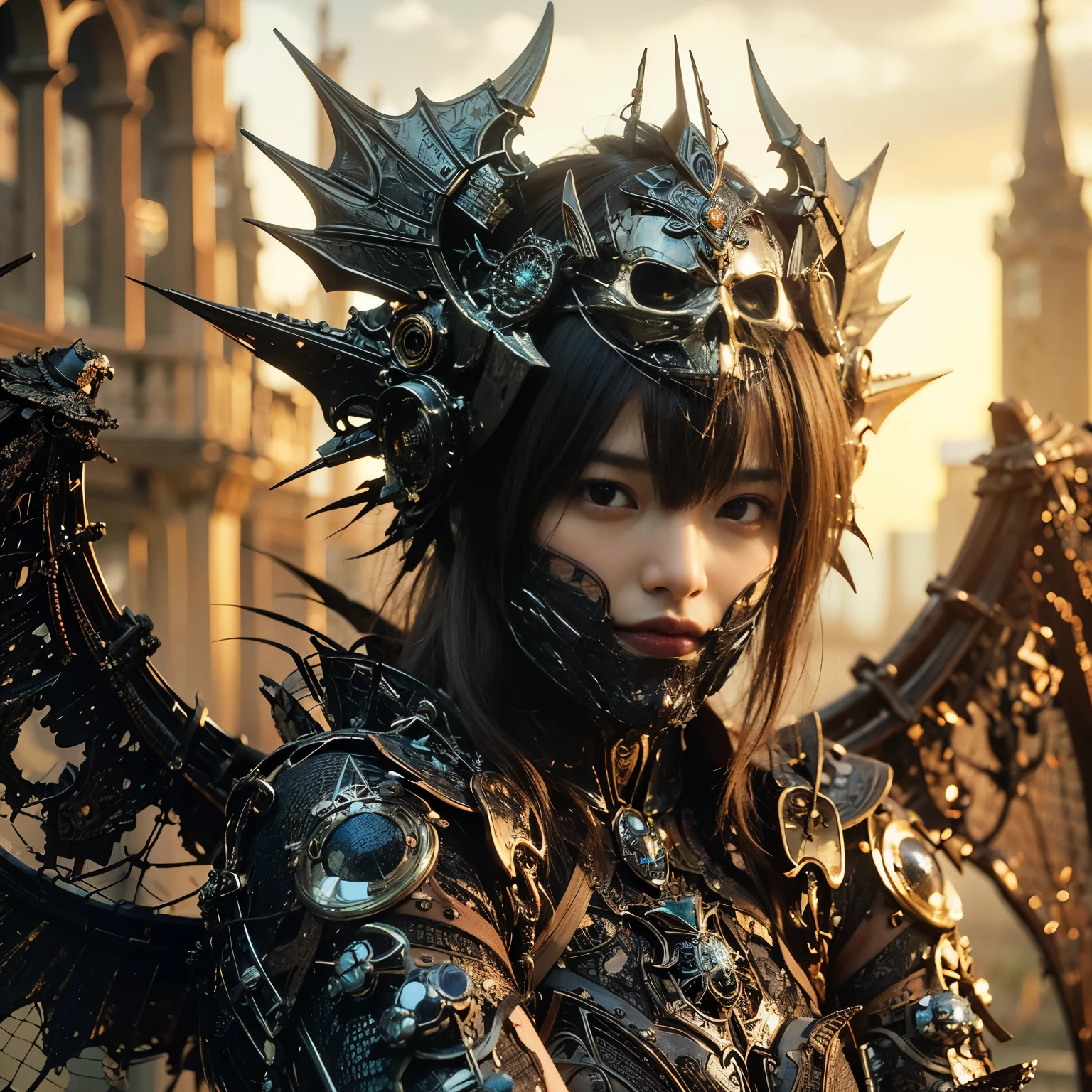 (masterpiece、highest quality、Realistic photos)、A very cute Japanese woman、(Brown skin:1.4)、A complex copper and brass mechanical armor with a skull motif.、Bat Wings、White tone、Blue accents、foot、Extremely intricate details、Posing on the medieval castle walls at sunset、Full Body Shot、Minimum 4 or more generated