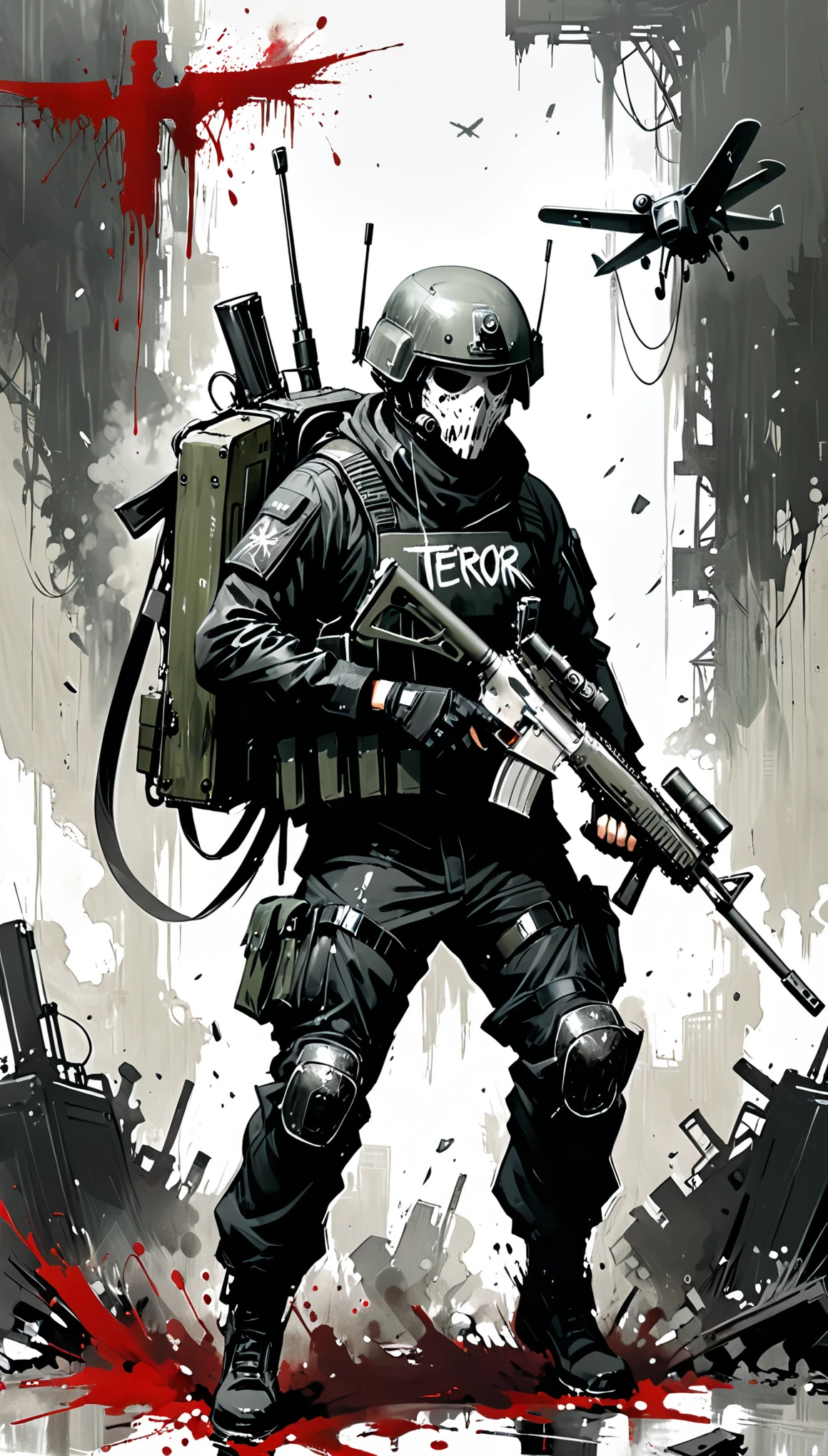 in style of Ashley Wood,1boy,heavy firearms,Modify wearable equipment,Carry,role conception,terror blood,death sign,Very detailed,more details,Smooth and smooth brush strokes,Tactical moves,Dynamic Action,Tactical UAV