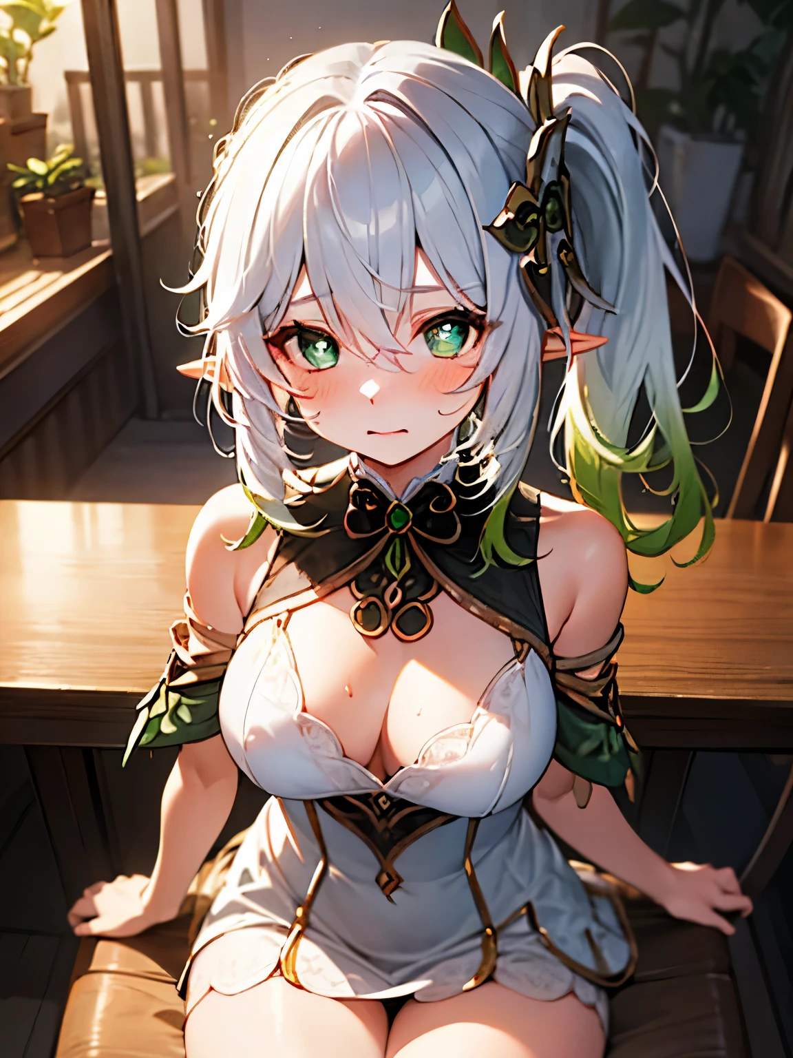 NSFW,nahida_genshin long hair、Green Eyes、bangs、Pointy Ears、hair ornaments、Gray Hair、Symbolic eyeulti-colored hair、Side Ponytail、Gradient Hair、Green Hair、Hair between the eyes、Cross pupil,Mini dress,Off the shoulder,Embarrassed,blush,(Perfect hands),(Perfect Anatomy),(masterpiece),(highest quality),Coffee shop,table