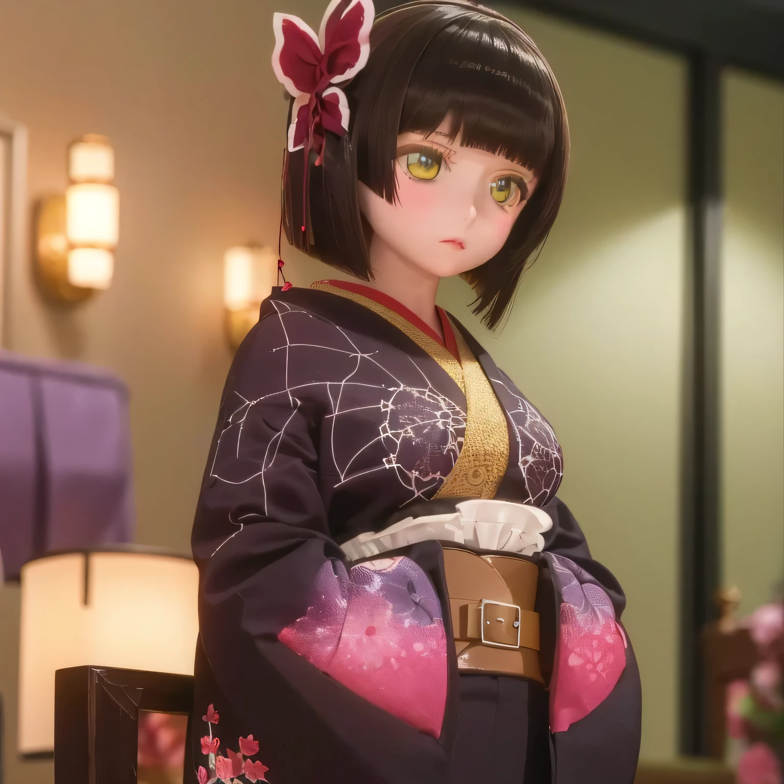 (highest quality, High resolution, masterpiece:1.2), Realistic, Mio in a beautiful kimono, Detailed floral pattern, Vibrant colors, Soft lighting, Traditional Japan atmosphere, Delicate embroidery, Elegant pose, cherry blossoms, Peaceful atmosphere, Genuine Japanese Art