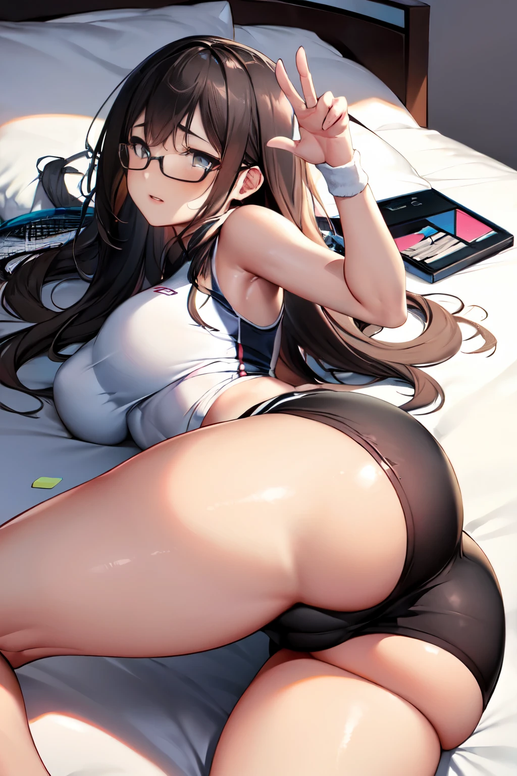 (software:1.5), (Tennis Wear、Skort)、Dark brown wavy long hair、Droopy eyes, Thick thighs, Such an ass, Liar, bed, Open crotch, Dettol, Spread your legs, Show your side, Down the Out、Tears are overflowing、Glasses、(Dynamic pose)、Untidy body、Dynamic Angles、Turning around、Big Ass、It&#39;s digging into my ass