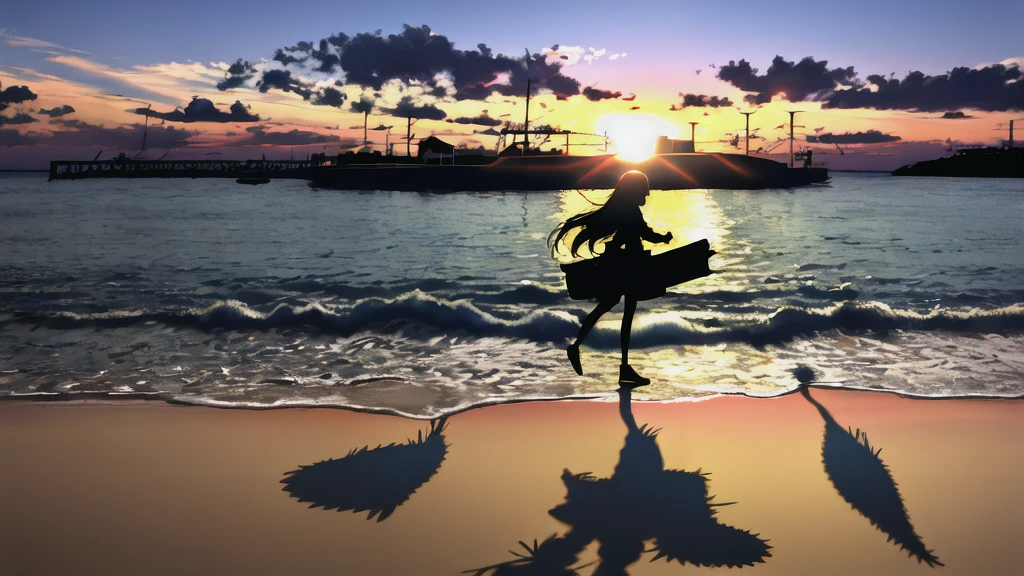 The light of the setting sun reflects fantastically from the seaside and scatters、Flying lights,Silhouette of a girl walking, ((Long Shadows))