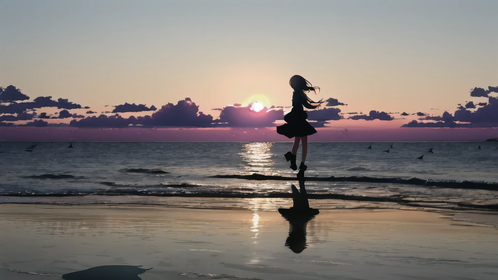 The light of the setting sun reflects fantastically from the seaside and scatters、Flying lights,Silhouette of a girl walking, ((Long Shadows))