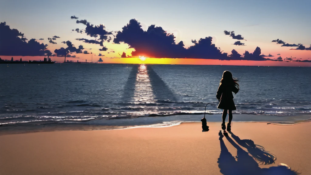 The light of the setting sun reflects fantastically from the seaside and scatters、Flying lights,Silhouette of a girl walking, ((Long Shadows))