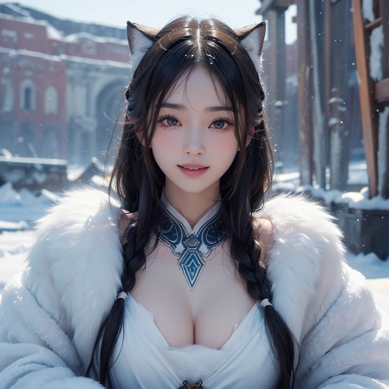 Extremely heavy snow,snow mountain、Hair flows、 ((highest quality、masterpiece、8k、best image quality、ultra high resolution、Award-winning work)、(accurate anatomy:1.1)、(look at me and smile:1.1)、Shining fair skin with ultra high resolution、most detailed face、ultra high resolution detailed face、ultra high resolutionの髪の毛、(ultra high resolutionの煌めく瞳:1.1)、Beautiful face drawn in every detail、(blurred background:1.1)、ancient Inuit clothing, chest together, tattoo, Old ruins in the background、real wolf with her, random model posing 