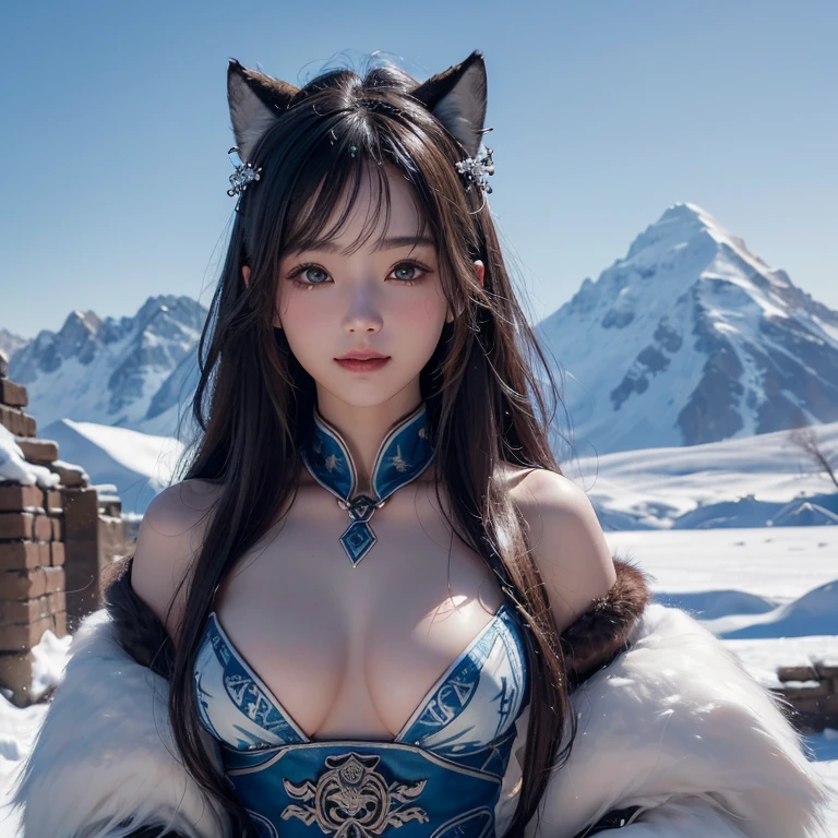 Extremely heavy snow,snow mountain、Hair flows、 ((highest quality、masterpiece、8k、best image quality、ultra high resolution、Award-winning work)、(accurate anatomy:1.1)、(look at me and smile:1.1)、Shining fair skin with ultra high resolution、most detailed face、ultra high resolution detailed face、ultra high resolutionの髪の毛、(ultra high resolutionの煌めく瞳:1.1)、Beautiful face drawn in every detail、(blurred background:1.1)、ancient Inuit clothing, chest together, tattoo, Old ruins in the background、real wolf with her, random model posing