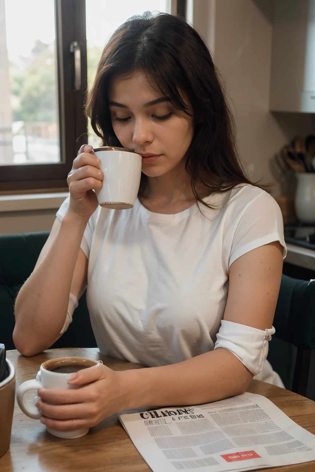 ((A person wakes up early in the morning, ainda com sinais de sono no rosto. She is sitting at the kitchen table, holding a steaming cup of coffee with both hands, tentando absorver o calor e o aroma. The kitchen has a window through which soft morning light streams in., iluminando parcialmente o ambiente. Next to the coffee cup, there is an open newspaper or a tablet showing the latest news. The person&#39;s expression is one of concern or surprise when reading bad news. The atmosphere is quiet, but the tension of the news creates an emotional contrast in the scene.