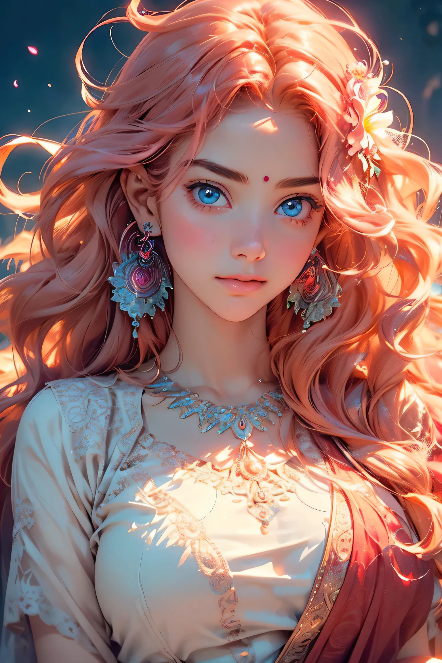 ((best quality)), ((masterpiece)), (detailed), detailed skin, Sapphire Eyes, Long Peach hair with thick waves, fluid dynamics, big breasts, brilliant golden halo, creative, tangled, get caught in, High_Lips, (fractal art:1.1), (aquamarine), (pink hair), (orange hair), highest detailed, (zentangle:1.2), (dynamic pose), (abstract background:1.3), (earrings:1.4), (flower:1.3), (ruby color dress), (dress decorated with roses), (Shiny white skin), tiffany blue, feather, rose, (ruby red dress), (better delicate eyes), (model body), ((close-up face)), happiness, (bright blue eyes), starry, Blue eyes, Ultra-realistic and vivid textures, hard curly, Lovely.