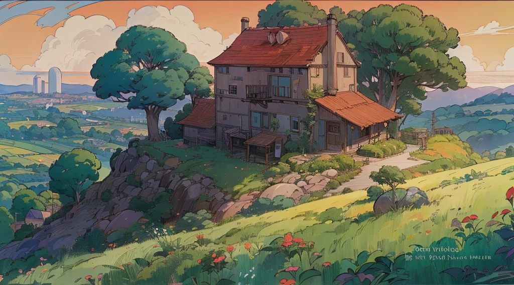 anime scene of a house on a hill with a horse in the foreground, studio ghibli environment, style of studio ghibli, studio ghibli artstyle, by Miyazaki, studio ghibli smooth concept art, studio ghibli landscape, greg rutkowski studio ghibli, studio ghibli composition, ghibli moebius, medium shot. by hayao miyazaki, studio ghibli art style