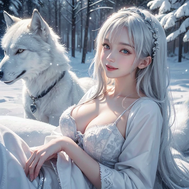 Heavy snowfall,snowing mountain、white wolf、 ((highest quality、masterpiece、8k、best image quality、ultra high resolution、Award-winning work)、(accurate anatomy:1.1)、(look at me and smile:1.1)、Shining fair skin with ultra high resolution、most detailed face、ultra high resolution detailed face、white short hair flowing 、Beautiful face drawn in every detail、(blurred background:1.1)、breast fully covered by fur Russian traditional clothing,real wolf beside the girl