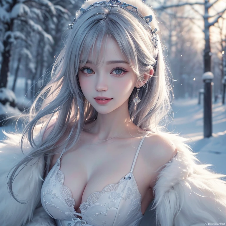 Heavy snowfall,snowing mountain、white wolf、 ((highest quality、masterpiece、8k、best image quality、ultra high resolution、Award-winning work)、(accurate anatomy:1.1)、(look at me and smile:1.1)、Shining fair skin with ultra high resolution、most detailed face、ultra high resolution detailed face、white short hair flowing 、Beautiful face drawn in every detail、(blurred background:1.1)、breast fully covered by fur Russian traditional clothing,real wolf beside the girl 