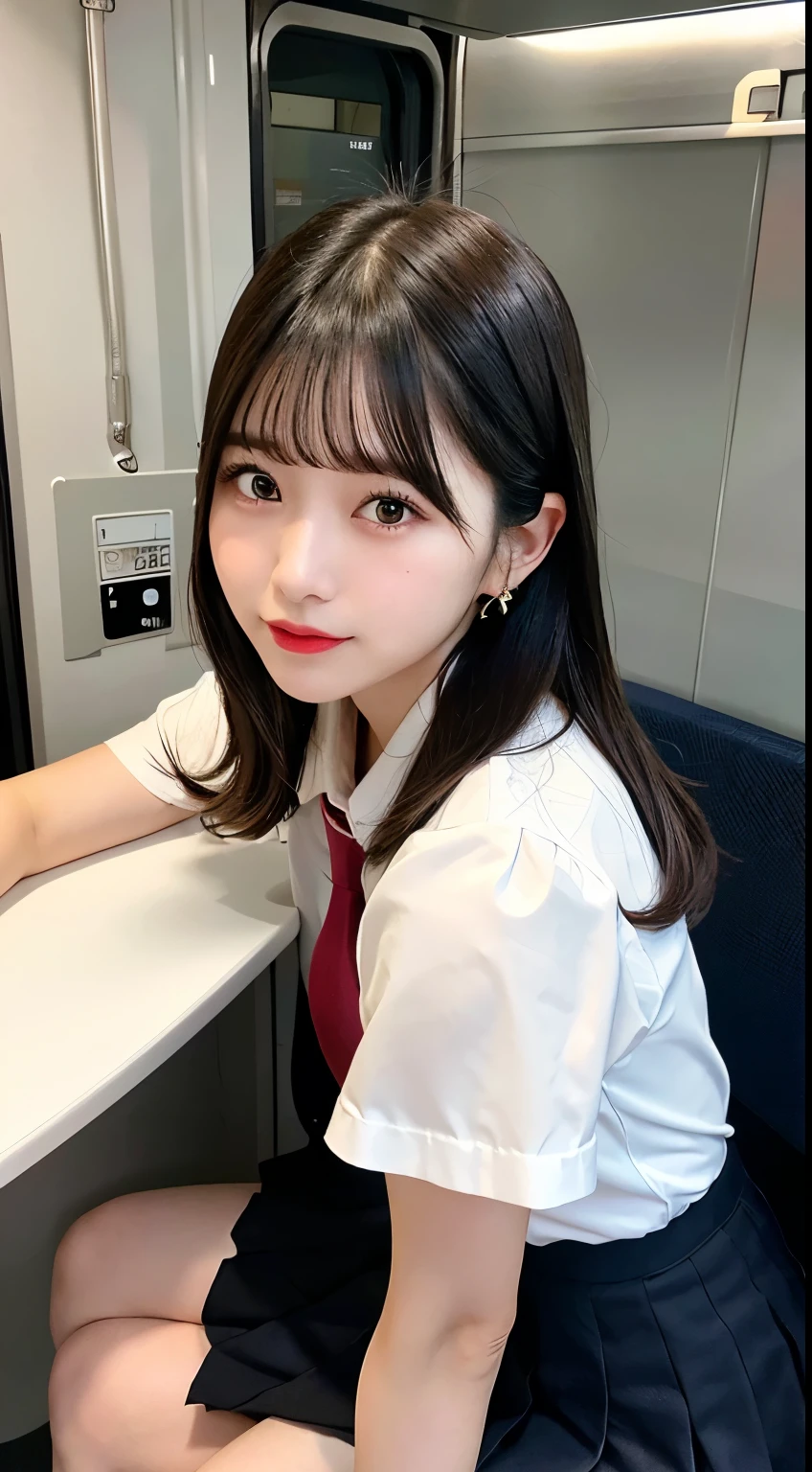 8K RAW Photos、High resolution、breast enhancement、Abdominal muscles、Ribbed、Black-haired、Beautiful at 22 years old Japan、Round face、very small lips、Round big、valley、Beautifully drawn eyes in every detail、Long eyelashes、Beautiful double eyelids、Three white eyes、Duck mouth、Blunt bangs、Bowl Cut、Earrings、necklace、Random facial expressions、White dress shirt, Upper Body,, (Navy Pleated Skirt:1.1), Thighs Thighs Thighs Thighs, Short sleeve, in the train, sit on bench seat, (Dark red tie:1.1)、Shortcuts