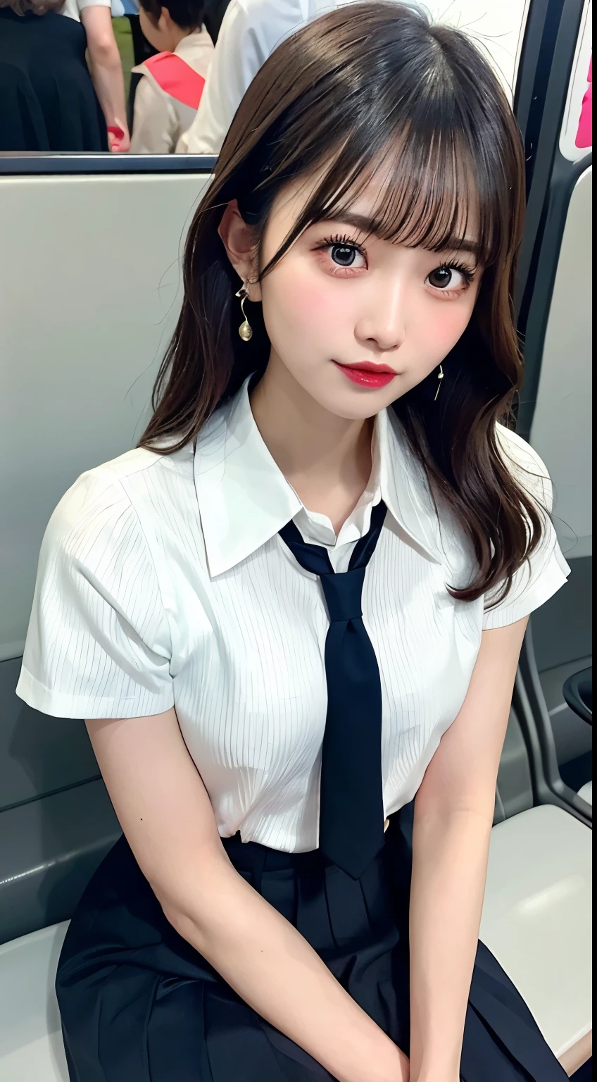 8K RAW Photos、High resolution、breast enhancement、Abdominal muscles、Ribbed、Black-haired、Beautiful at 22 years old Japan、Round face、very small lips、Round big、valley、Beautifully drawn eyes in every detail、Long eyelashes、Beautiful double eyelids、Three white eyes、Duck mouth、Blunt bangs、Bowl Cut、Earrings、necklace、Random facial expressions、White dress shirt, Upper Body,, (Navy Pleated Skirt:1.1), Thighs Thighs Thighs Thighs, Short sleeve, in the train, sit on bench seat, (Dark red tie:1.1)、Shortcuts