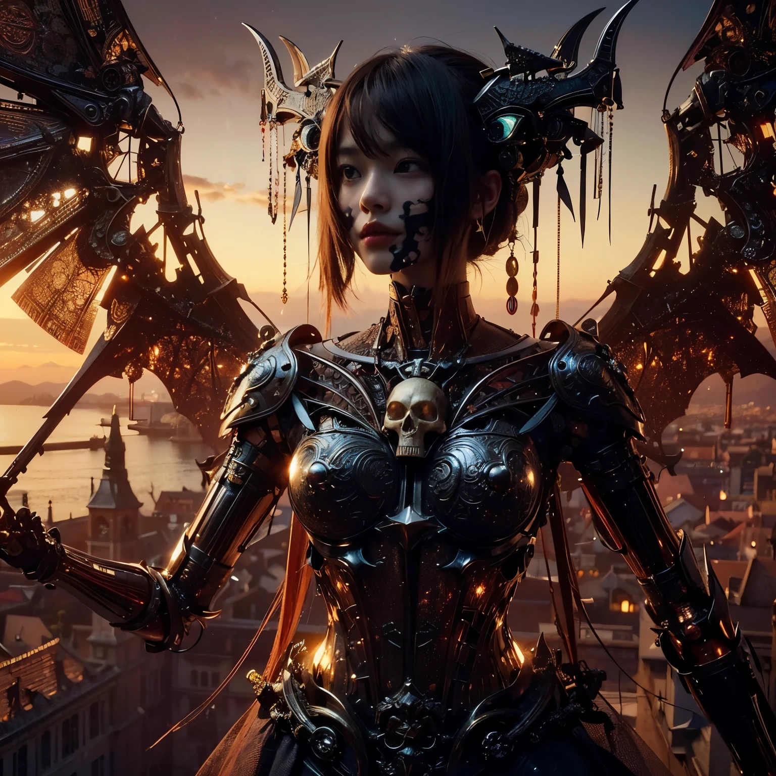 (masterpiece、highest quality、Realistic photos)、A very cute Japanese woman、(Brown skin:1.4)、A complex copper and brass mechanical armor with a skull motif.、Bat Wings、White tone、Blue accents、foot、Extremely intricate details、Posing on the medieval castle walls at sunset、Full Body Shot、Minimum 4 or more generated