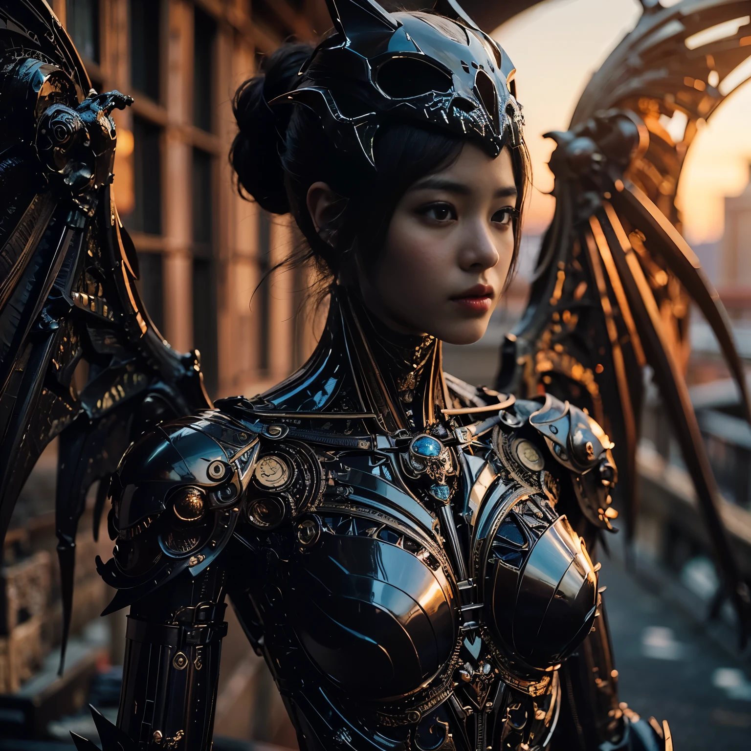 Masterpiece, (ultimate quality:1.2), 8k, Japanese woman in turtle-type powered suit, silver base with yellow and black accents, very beautiful face, mechanical, (mechanical bat wings), jet pack, hydraulic cylinder, power pipe, ultimately intricate details, full body shot, (ultimate photo Realistic:1.37), future metropolis at night, (Steampunk: 1.2), (Cyberpunk), Full body photo, Wide-angle shot,