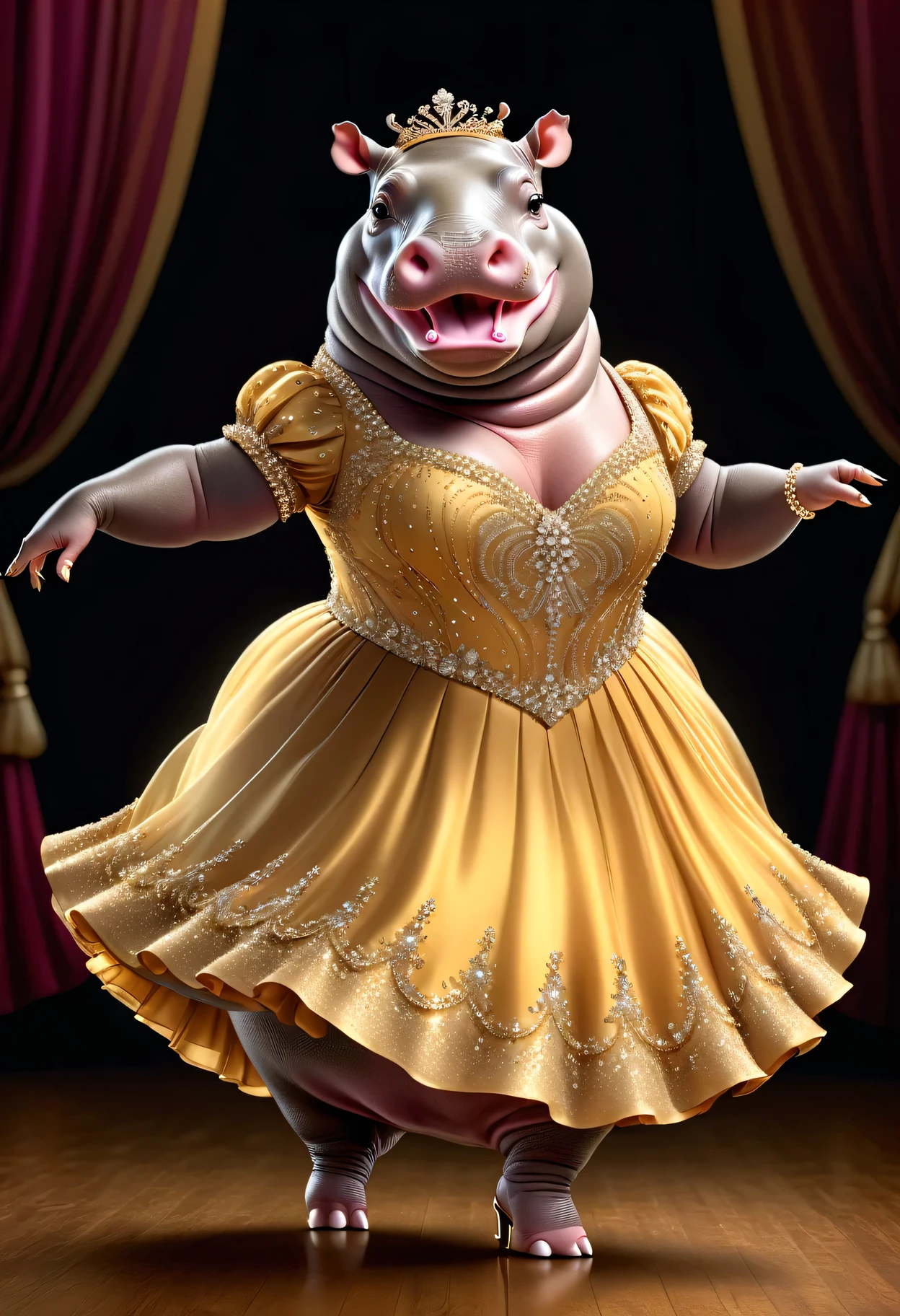 photorealistic portrait of Dressed animals - a ((fat)) ((hippo)) Ballroom dancer,(dynamic dancing pose:1.5),(smile),(), high quality,(lovely) ,intricate details, highly detailed (female ballroom dancer's gold dress )),, highly detailed decorations of dress ,high heels, (happy), studio lighting,(full body image:2.0)