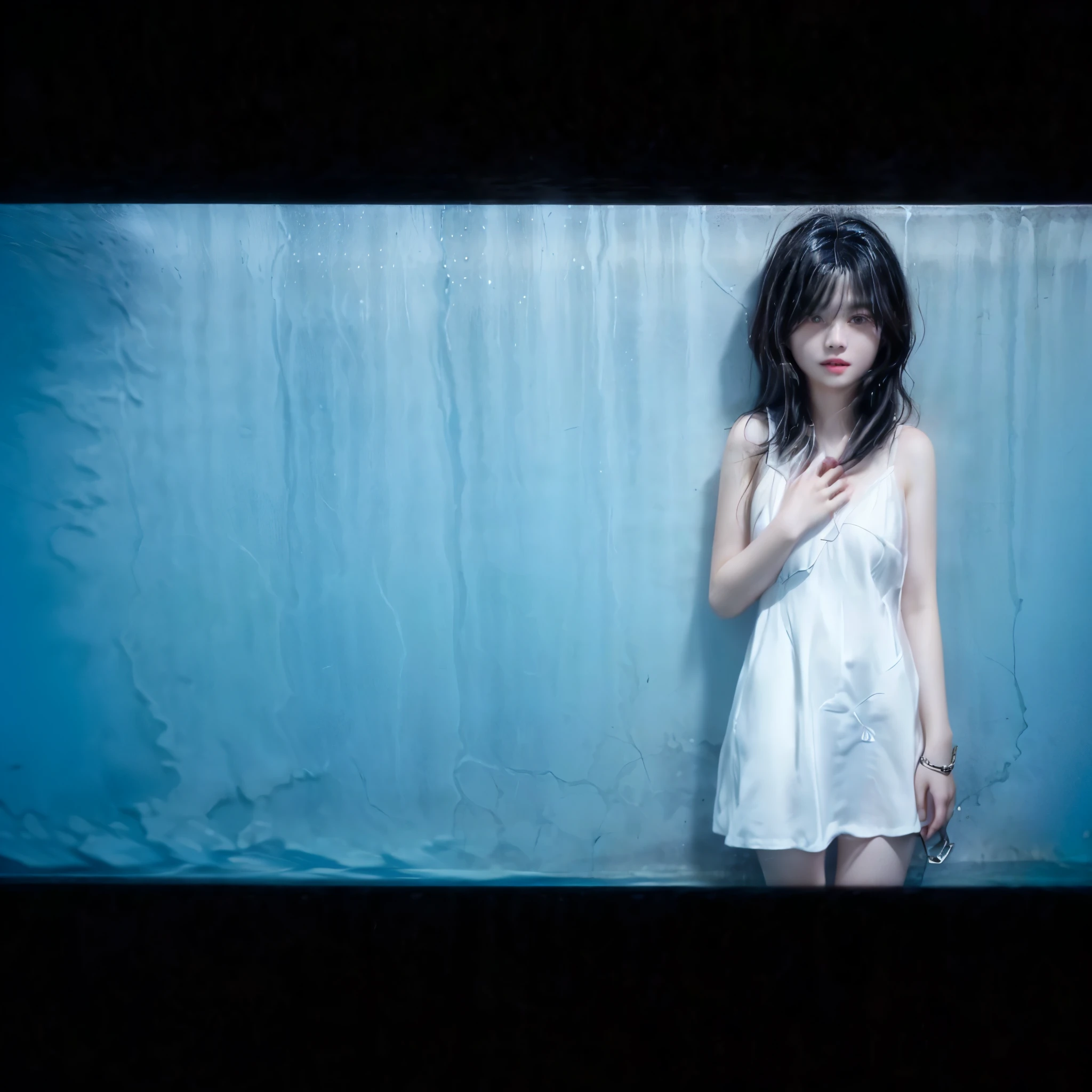 With a cell phone、There is a young girl standing against a wall that reflects beautiful ripples from the pool., 4K], 4k, White Summer Dress、17-year-old female、Black Hair、Apple watch, realism