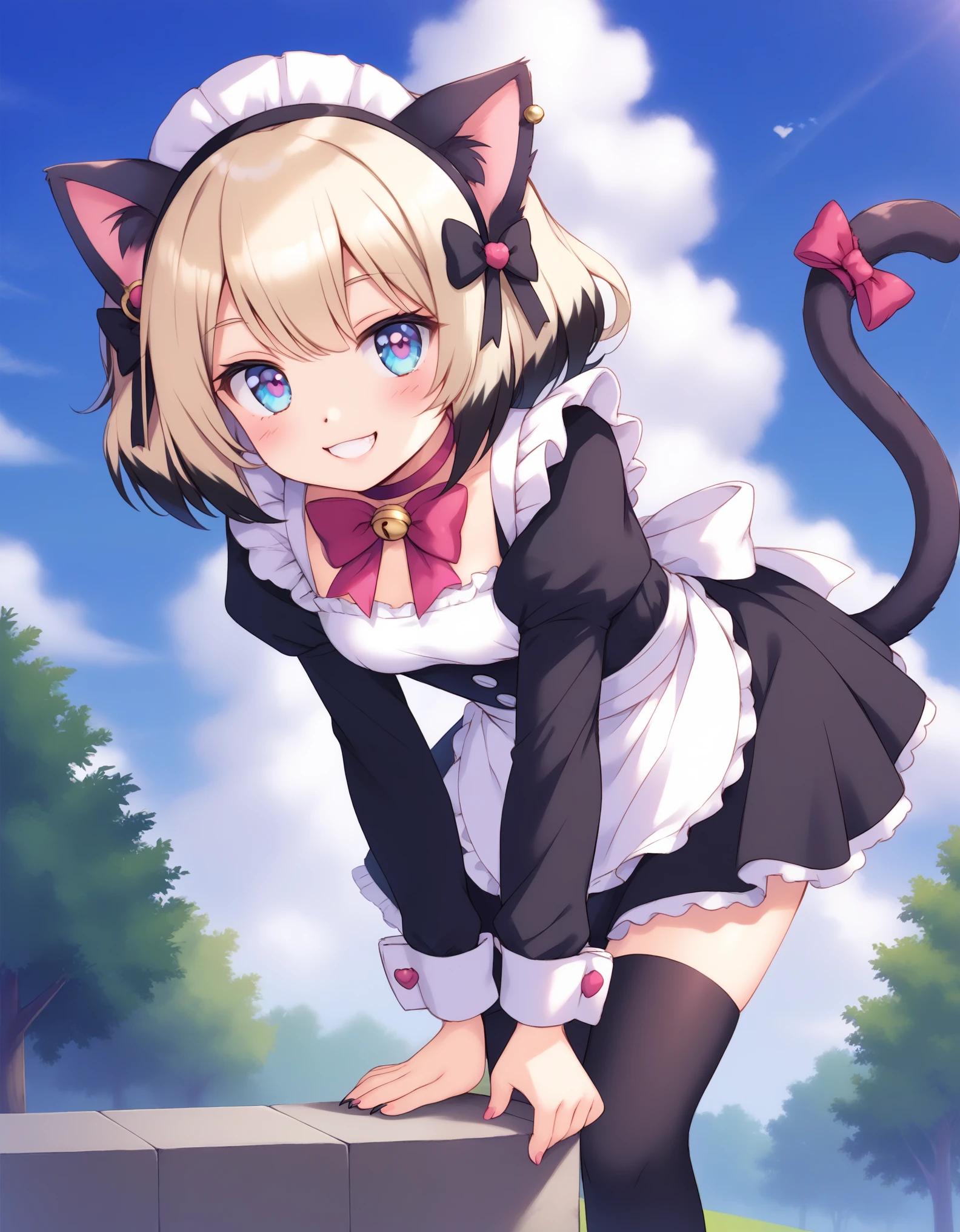 1girl, solo, multiple colored hairs, maid, black cat tail, smile, black thighhigh, leaning forward, leg up outside, charm posing, paw, paw stamps, paw stamps, paw stamps background