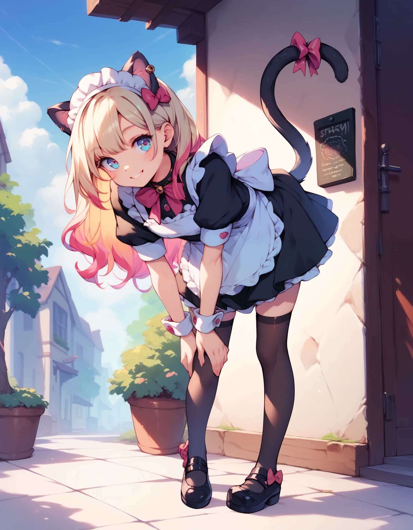 score_9, score_8_up, score_7_up, score_6_up, 1girl, solo, multiple colored hairs, maid, black cat tail, smile, black thighhigh, leaning forward, leg up outside, charm posing, paw, paw stamps, paw stamps, paw stamps background