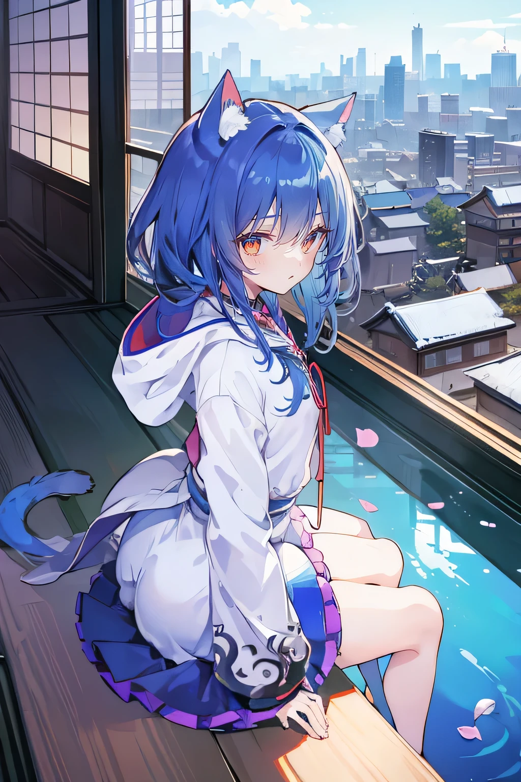 (masterpiece:1.2),Super detailed,lifelike,Expressive eyes,fair skin,perfect face shape,1 girl,
Japanese comics,Gorgeous blue hair,flowing blue hair,flowing clothes,Cat ears,Petals fall,beautiful lola,Baby Angel,
Cross your legs,Gentle and peaceful background,The pavilion is cool and comfortable,smile, wearing hoodie, background of tokyo,back views,snowing, winter.