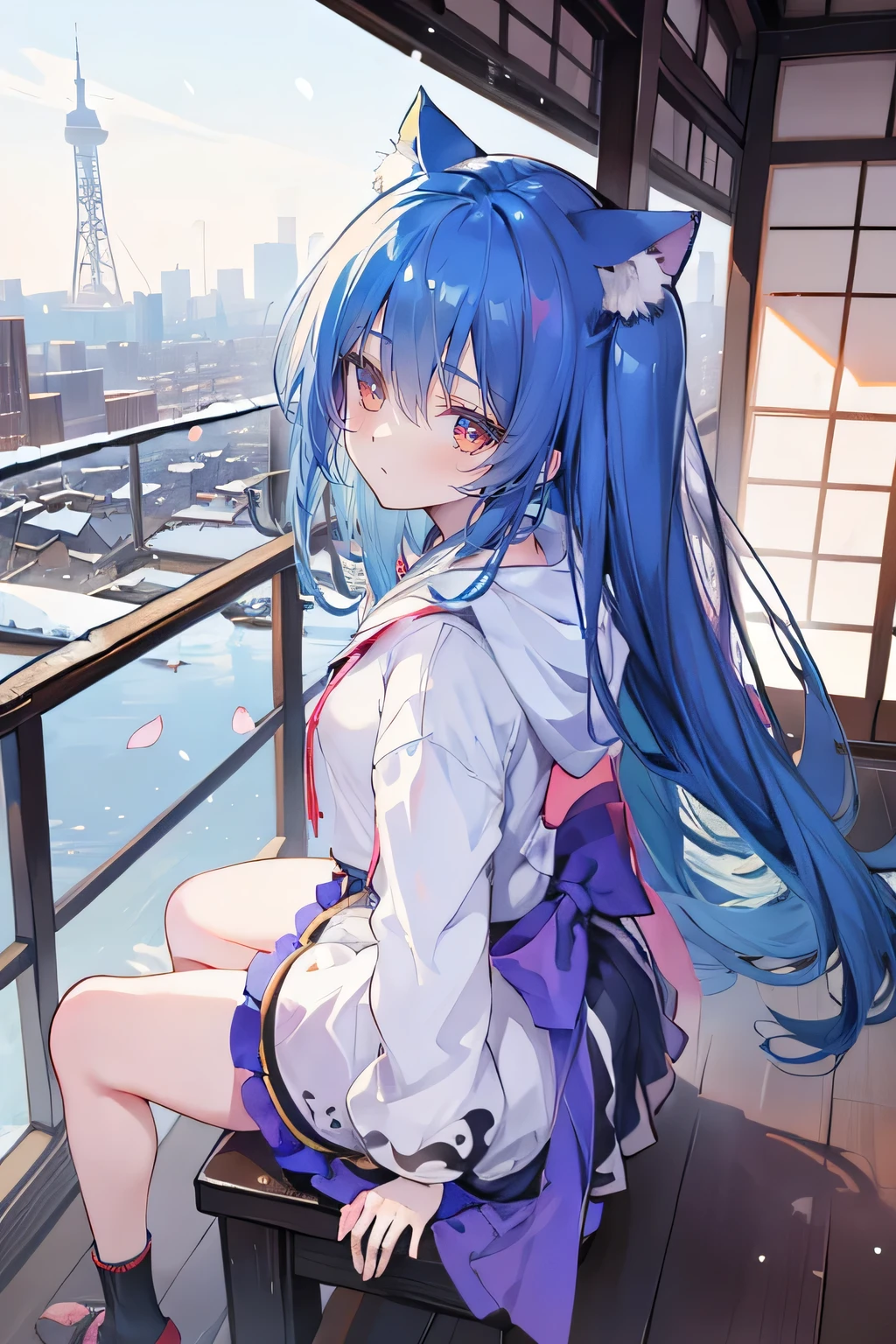 (masterpiece:1.2),Super detailed,lifelike,Expressive eyes,fair skin,perfect face shape,1 girl,
Japanese comics,Gorgeous blue hair,flowing blue hair,flowing clothes,Cat ears,Petals fall,beautiful lola,Baby Angel,
Cross your legs,Gentle and peaceful background,The pavilion is cool and comfortable,smile, wearing hoodie, background of tokyo,back views,snowing, winter.